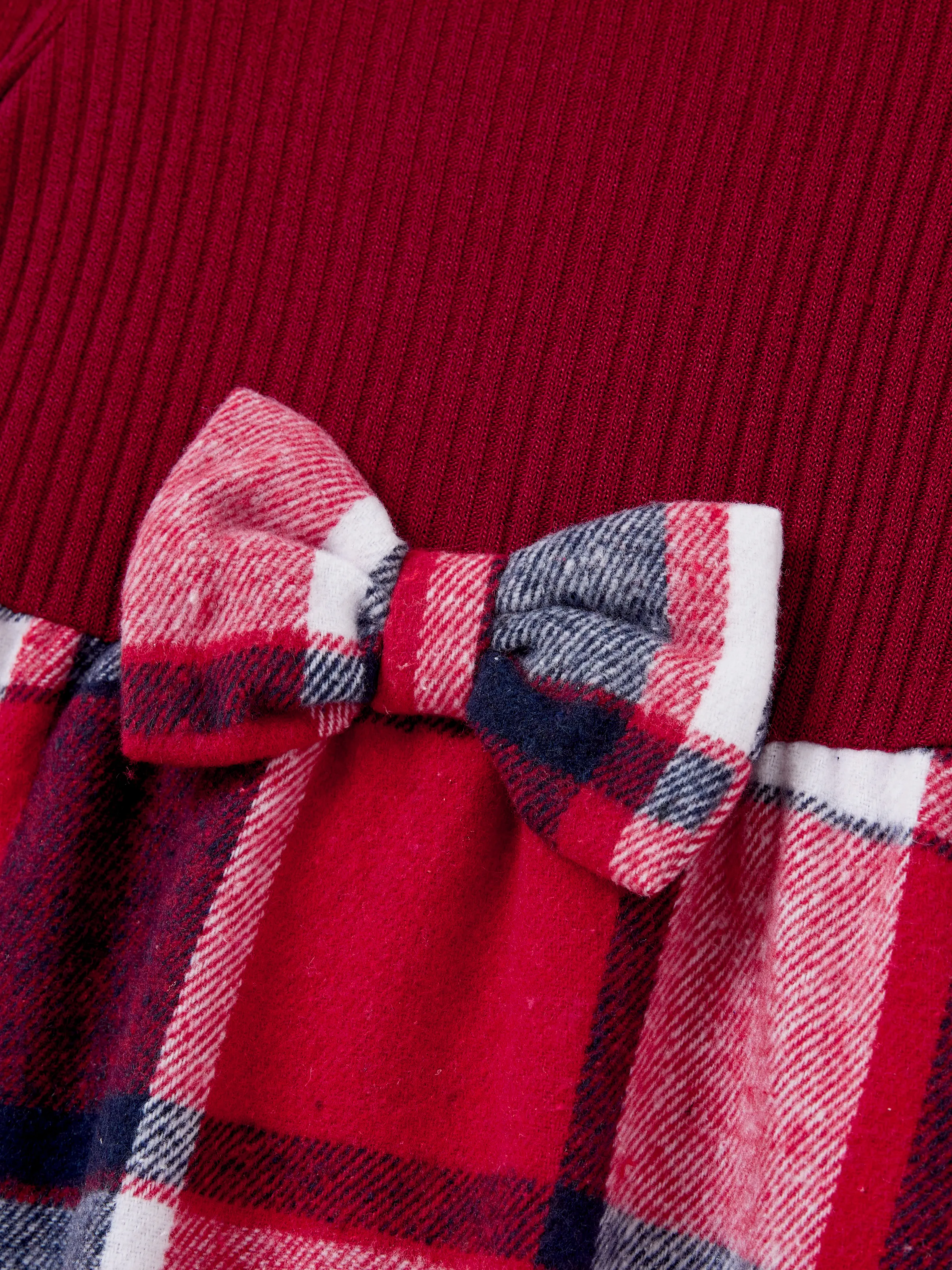 Matching Family Outfit Set Long-sleeve Shirt and Off Shoulder Long-sleeve Plaid Splicing Knitted Dress Burgundy - Image 13