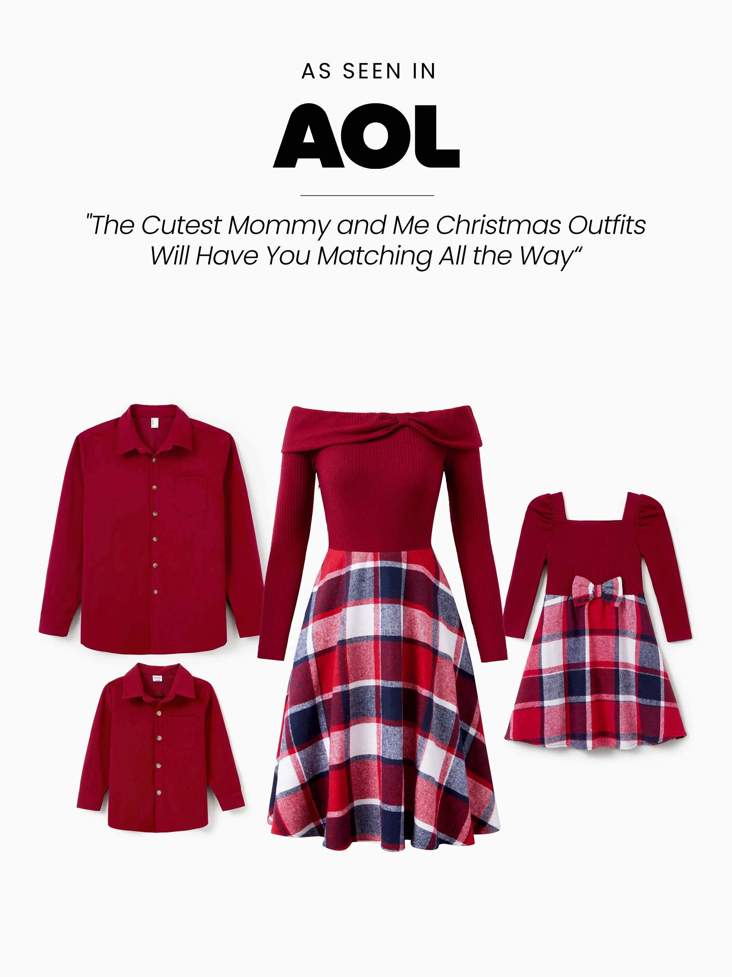 Matching Family Outfit Set Long-sleeve Shirt and Off Shoulder Long-sleeve Plaid Splicing Knitted Dress Burgundy - Image 2