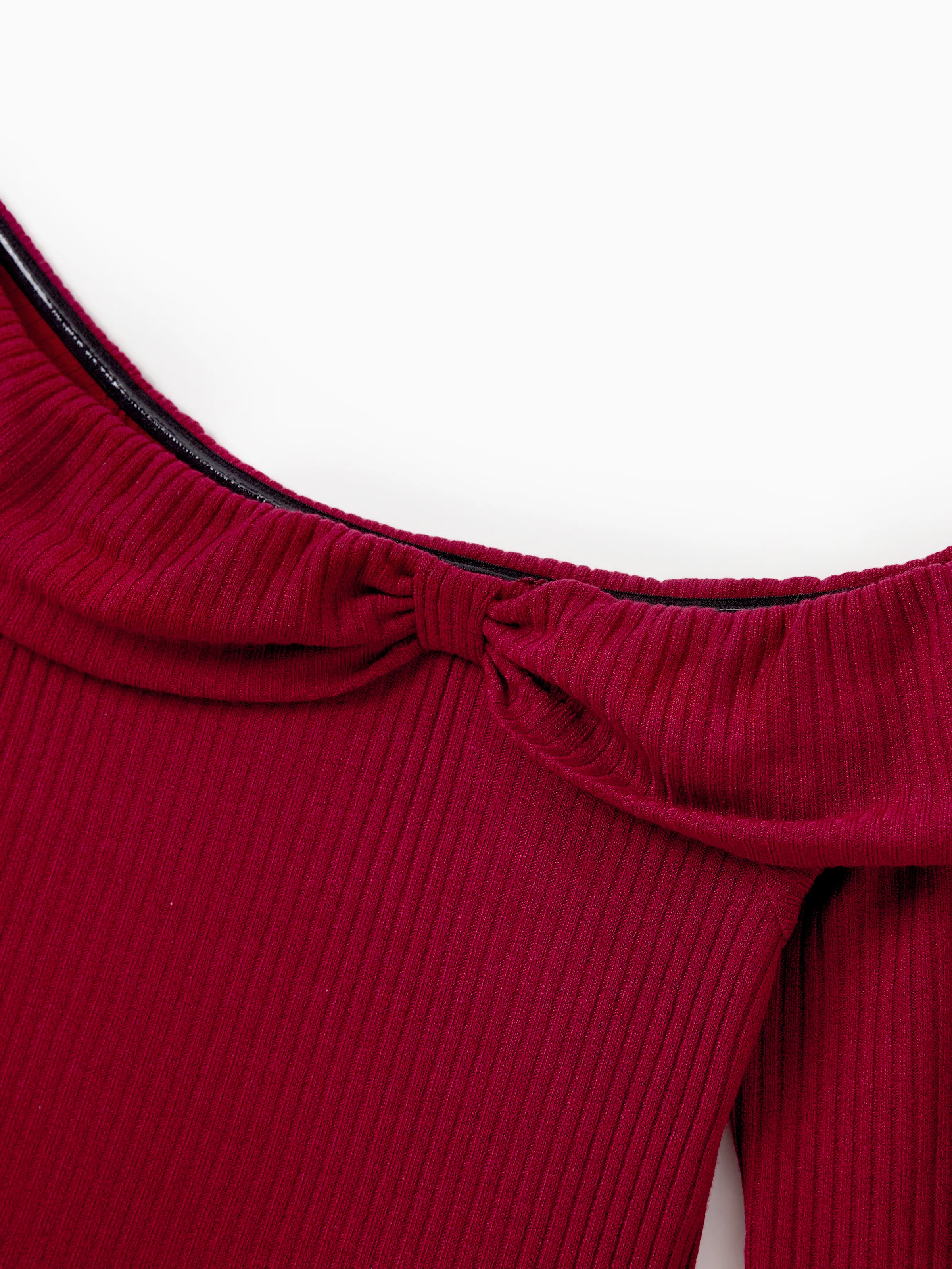 Matching Family Outfit Set Long-sleeve Shirt and Off Shoulder Long-sleeve Plaid Splicing Knitted Dress Burgundy - Image 5
