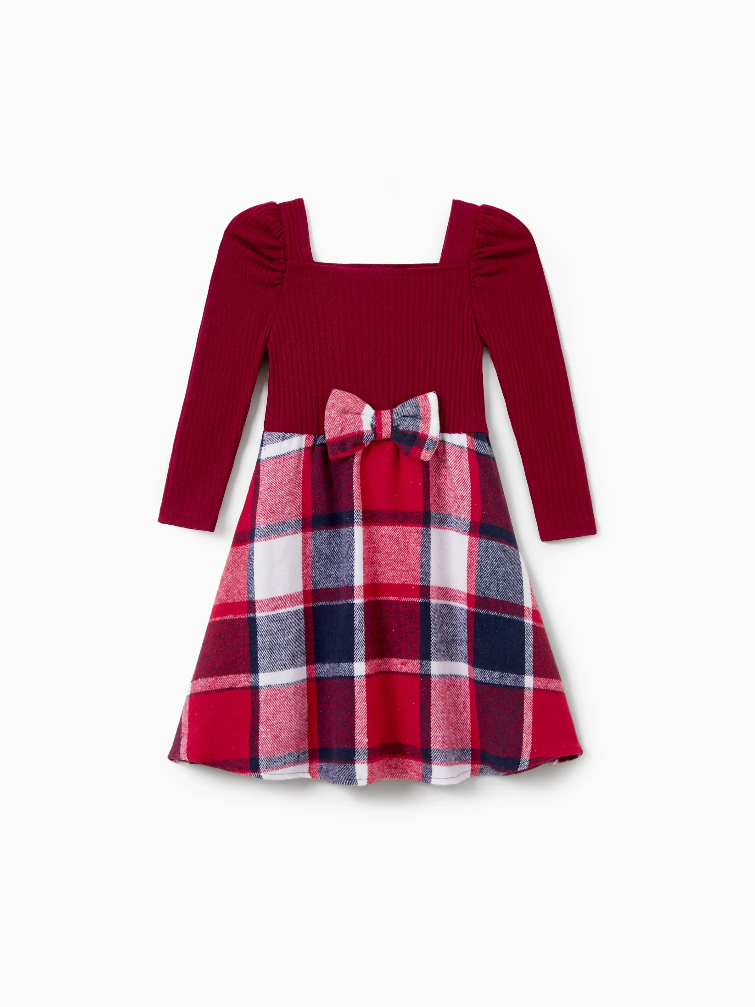Matching Family Outfit Set Long-sleeve Shirt and Off Shoulder Long-sleeve Plaid Splicing Knitted Dress Burgundy - Image 9