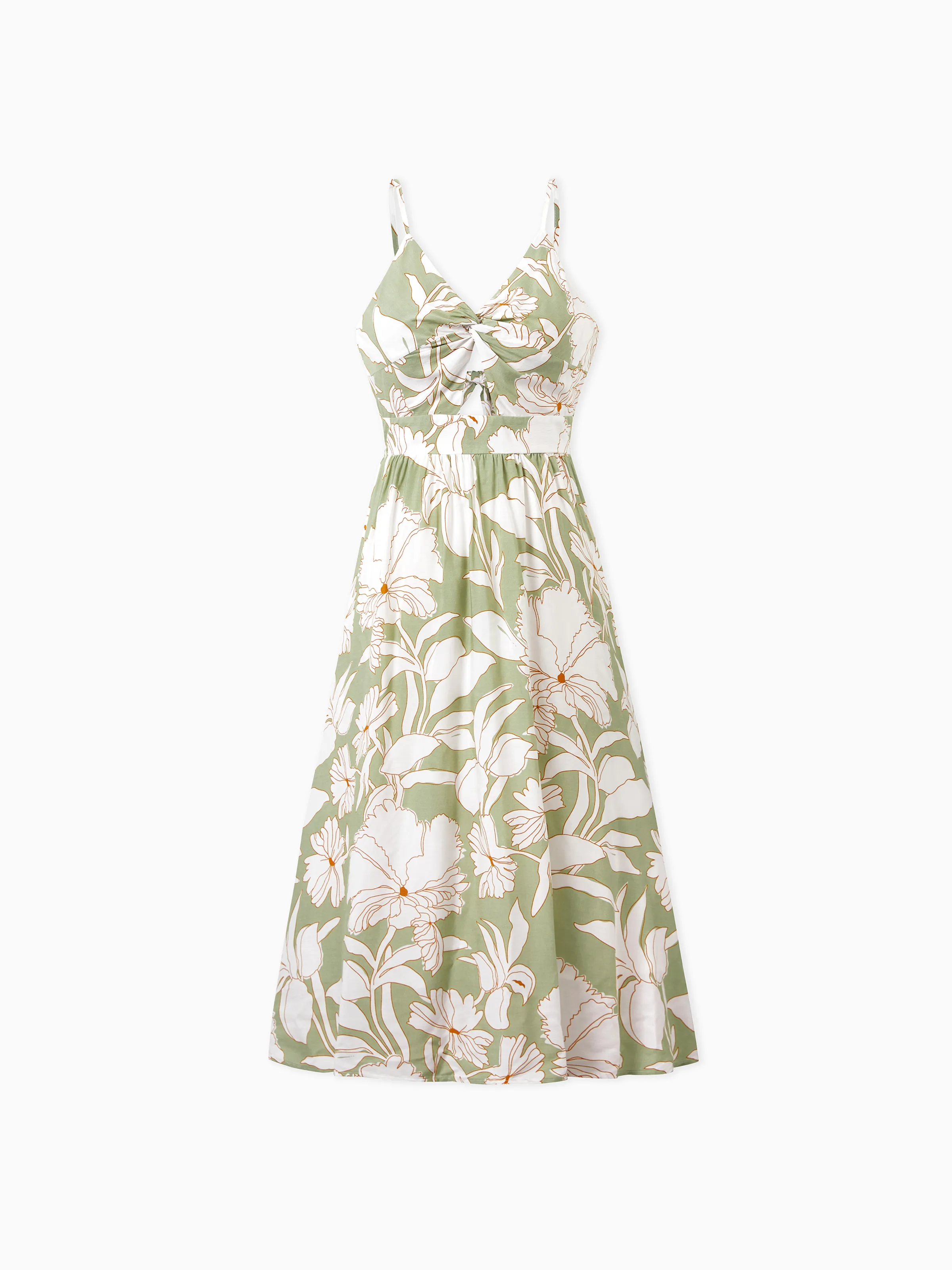 Matching Family Outfits Tropical Floral Print Strap Dress or Short-sleeve Colorblock Shirts Set Pale Green - Image 5