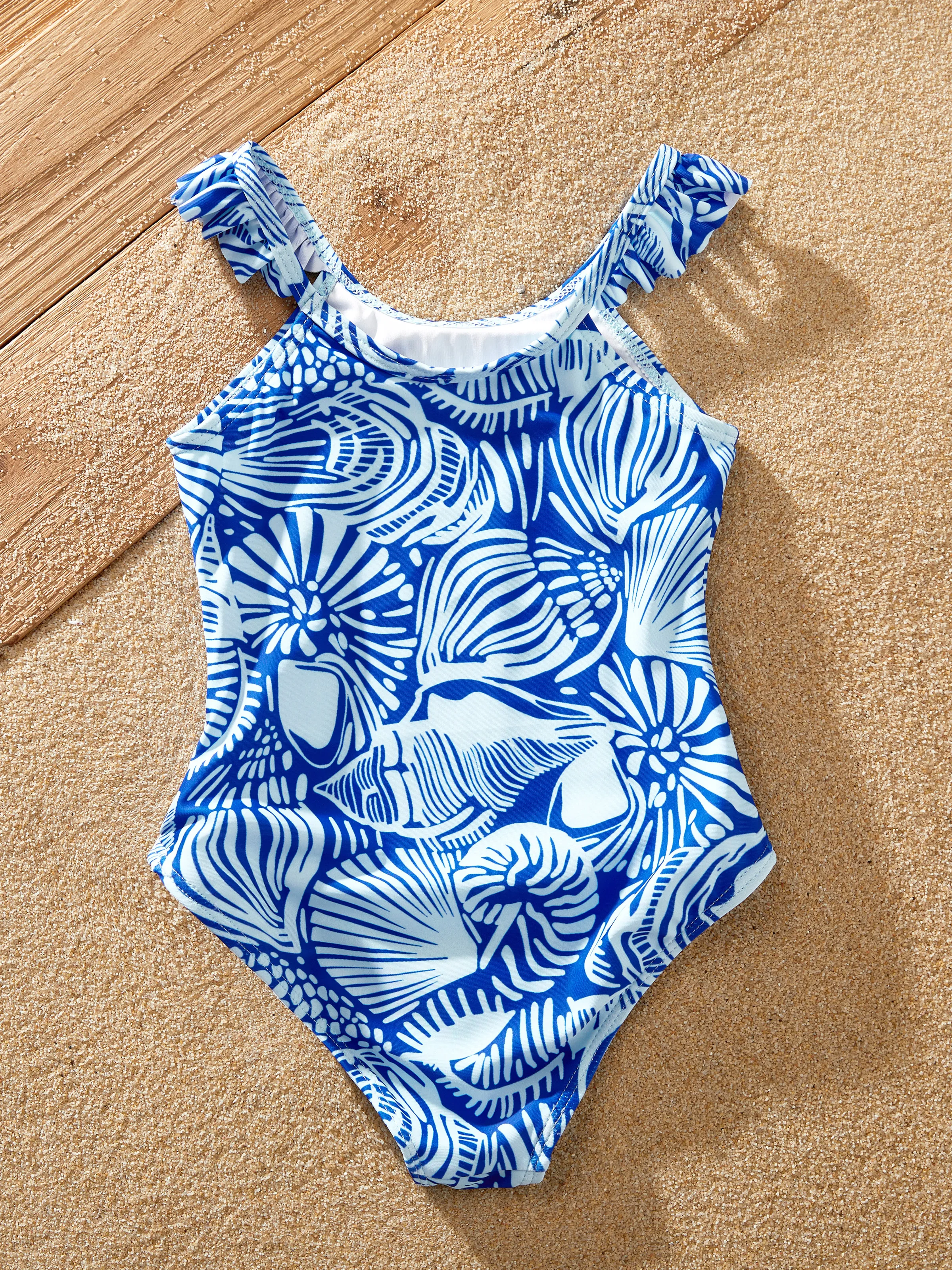 Matching Family Shell Print Swimwear Floral two-piece Bikini & Swim Shorts Set for Mom, Dad, & Kids, Perfect for Beach Days & Pool Parties Blue - Image 13