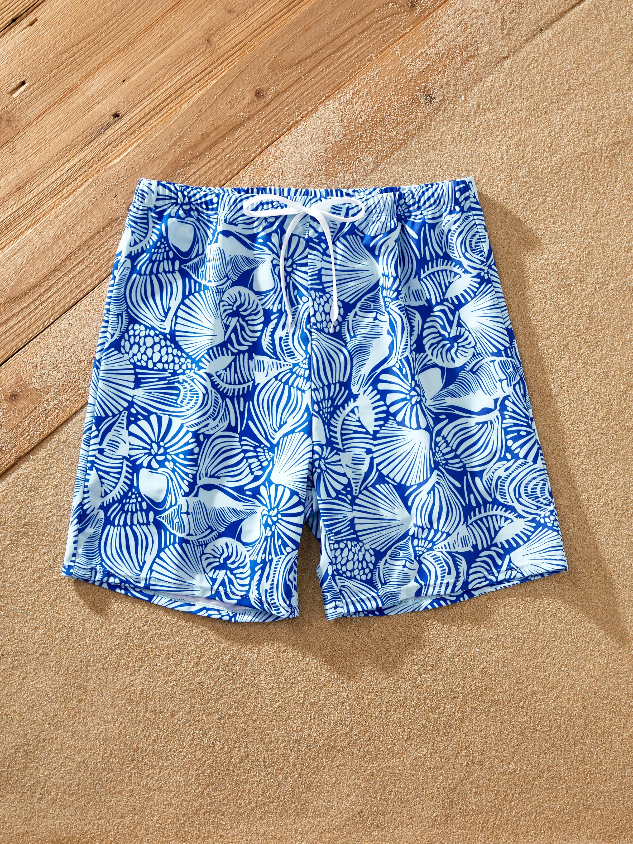 Matching Family Shell Print Swimwear Floral two-piece Bikini & Swim Shorts Set for Mom, Dad, & Kids, Perfect for Beach Days & Pool Parties Blue - Image 25
