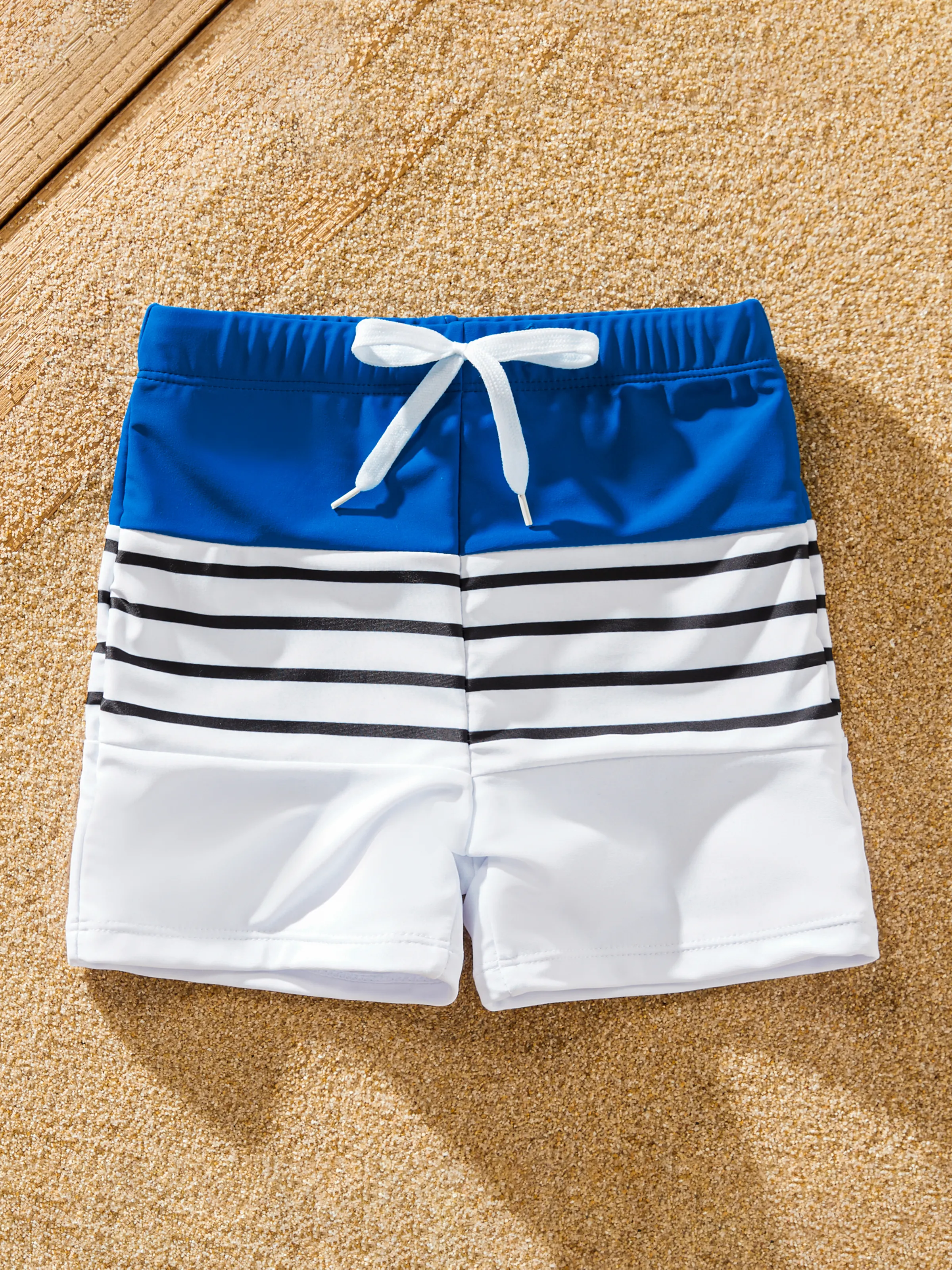 Matching Family Swimsuit Colorblock Drawstring Swim Trunks or Striped Blue Spliced Tankini with Cross-Front, Tie-Back, and Thin Straps Color block - Image 13