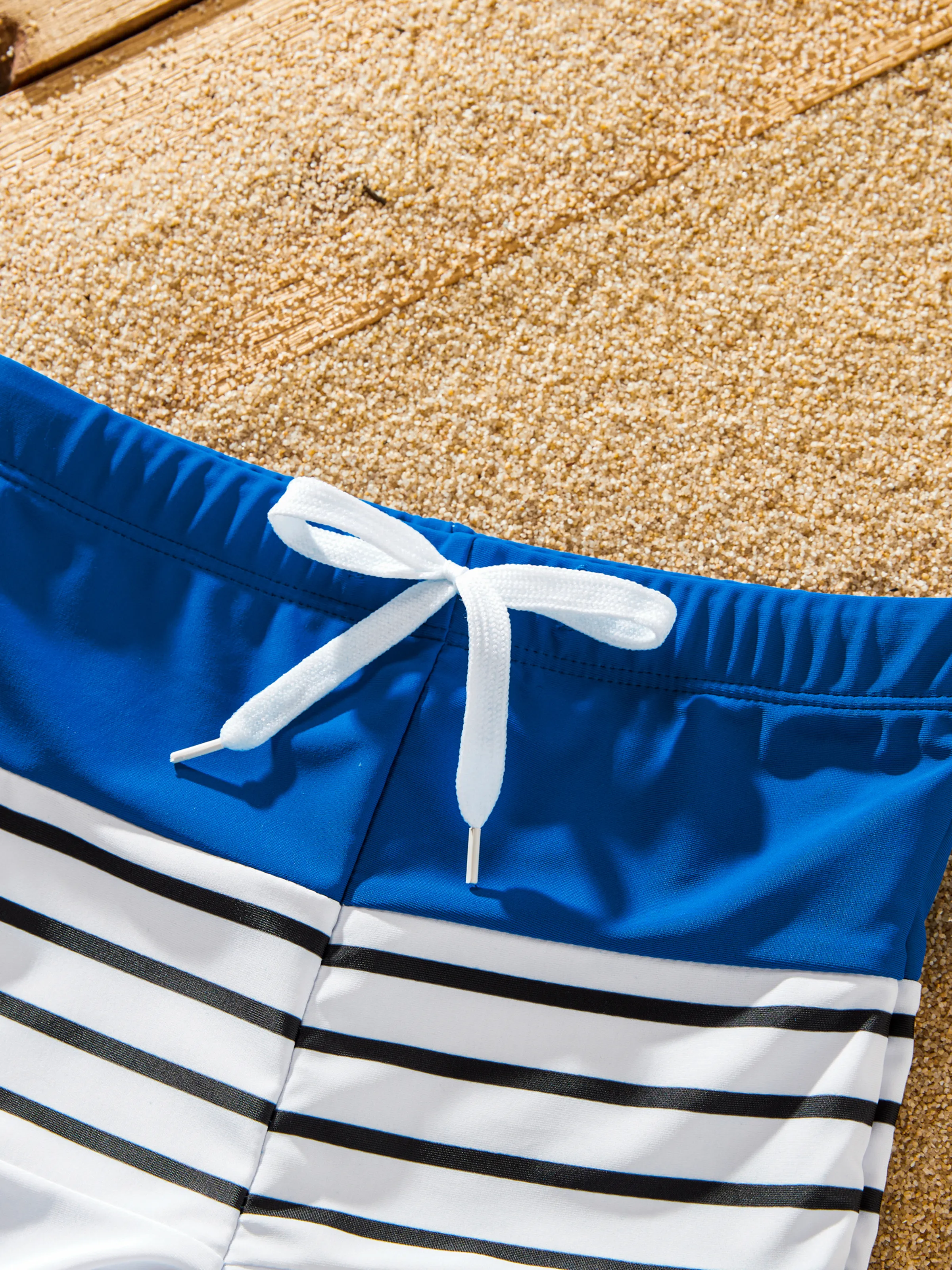 Matching Family Swimsuit Colorblock Drawstring Swim Trunks or Striped Blue Spliced Tankini with Cross-Front, Tie-Back, and Thin Straps Color block - Image 14
