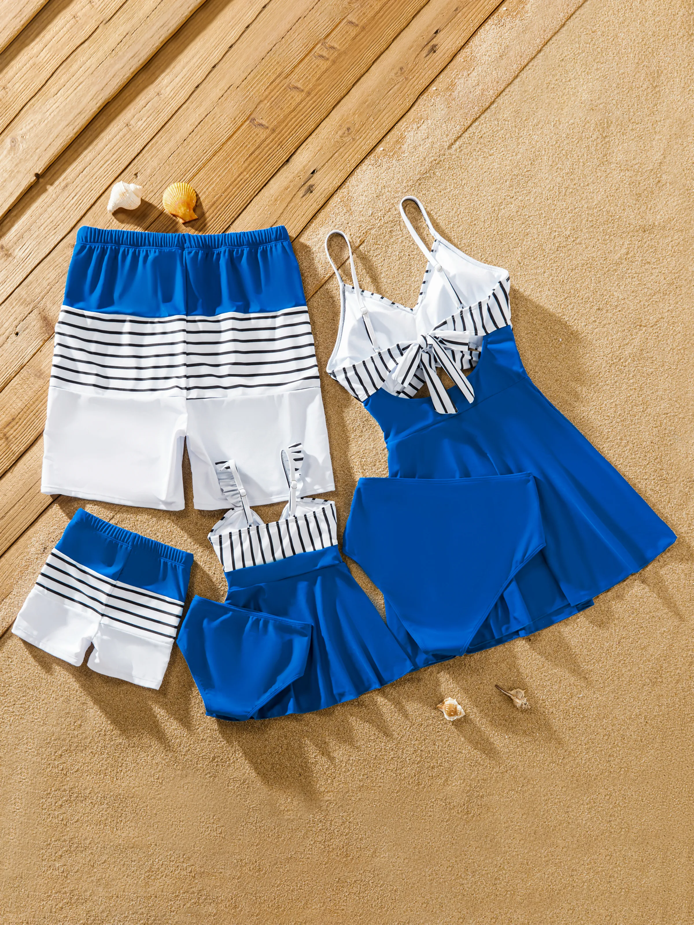 Matching Family Swimsuit Colorblock Drawstring Swim Trunks or Striped Blue Spliced Tankini with Cross-Front, Tie-Back, and Thin Straps Color block - Image 17