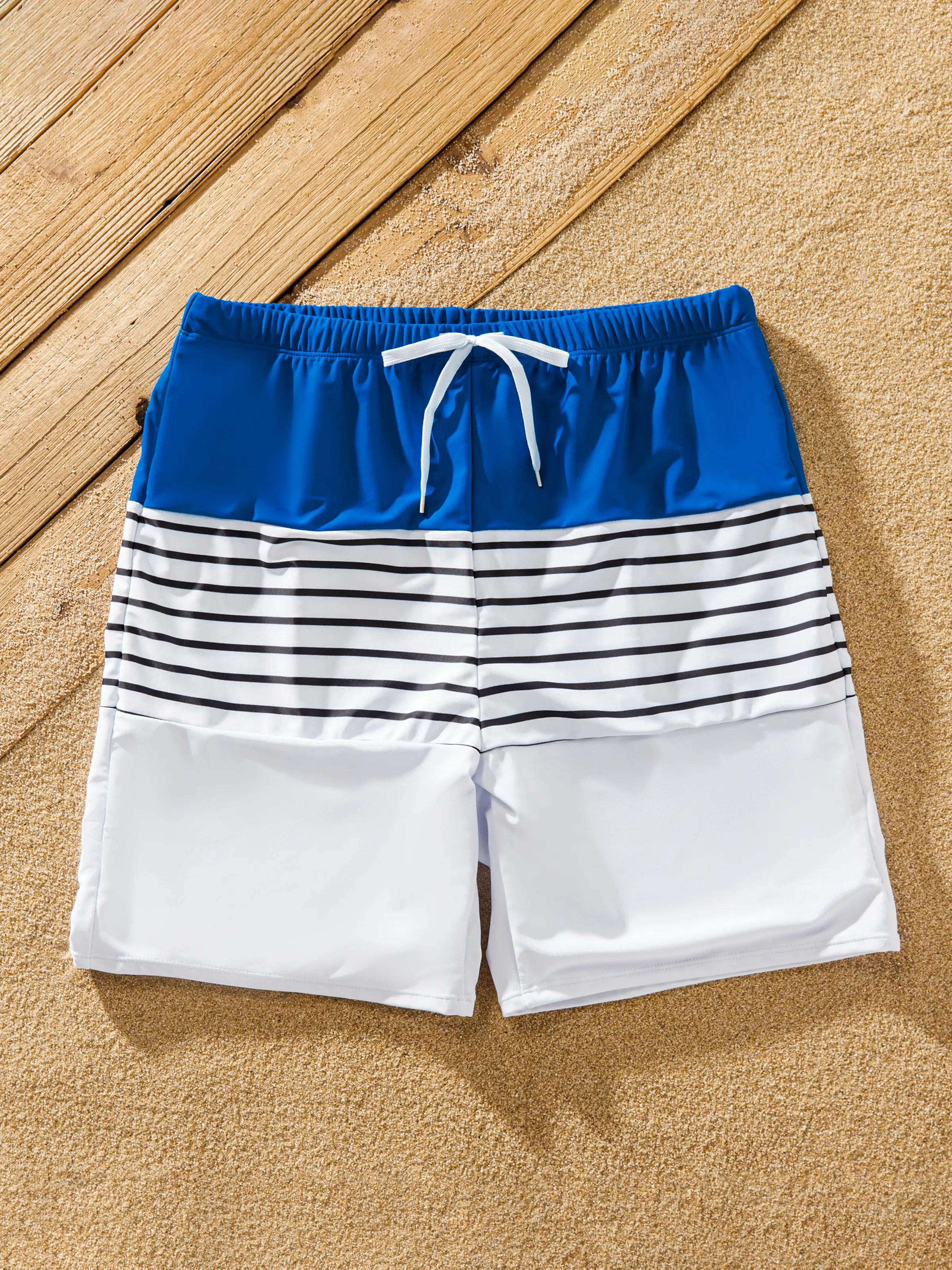 Matching Family Swimsuit Colorblock Drawstring Swim Trunks or Striped Blue Spliced Tankini with Cross-Front, Tie-Back, and Thin Straps Color block - Image 18