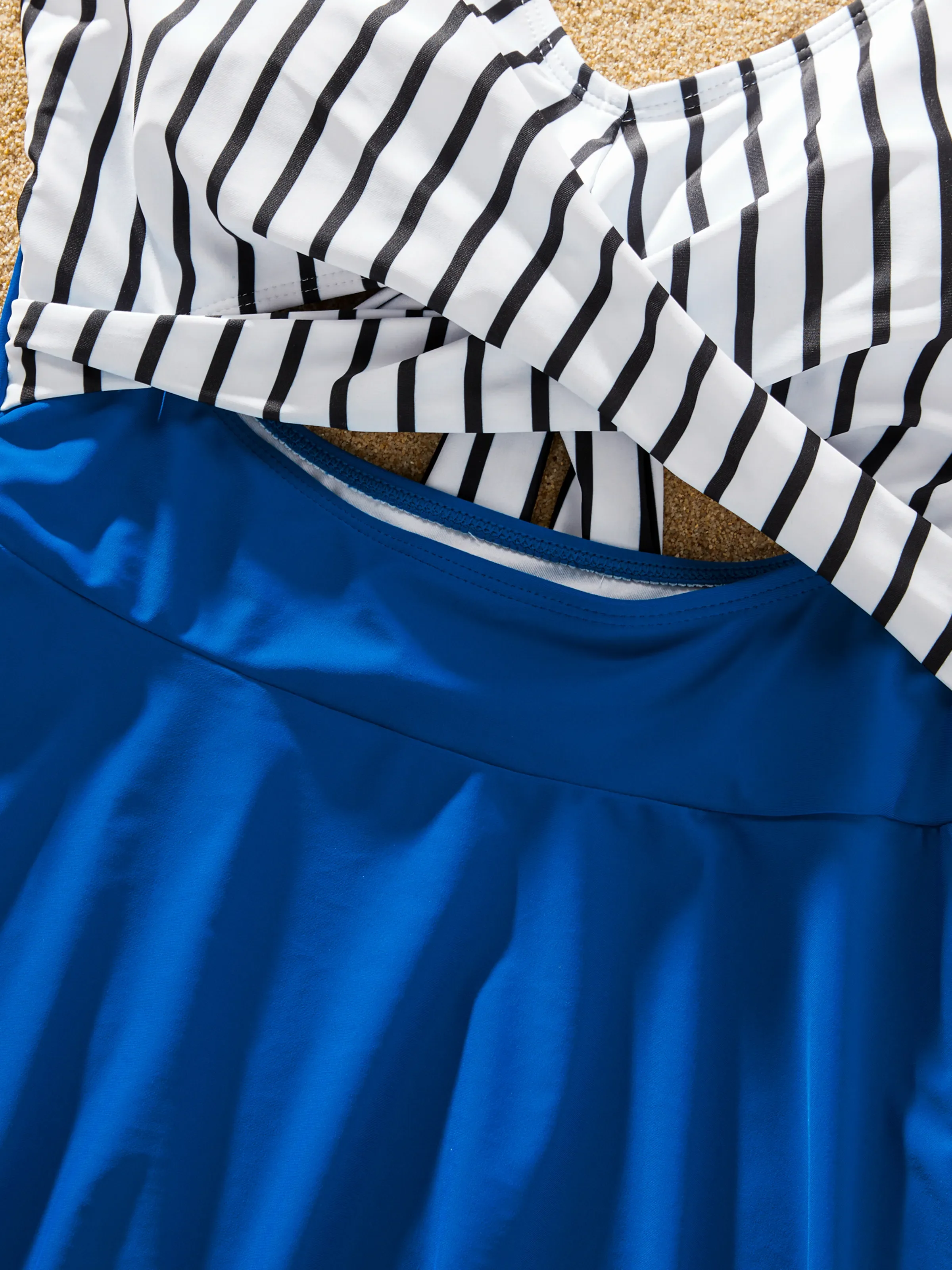 Matching Family Swimsuit Colorblock Drawstring Swim Trunks or Striped Blue Spliced Tankini with Cross-Front, Tie-Back, and Thin Straps Color block - Image 6