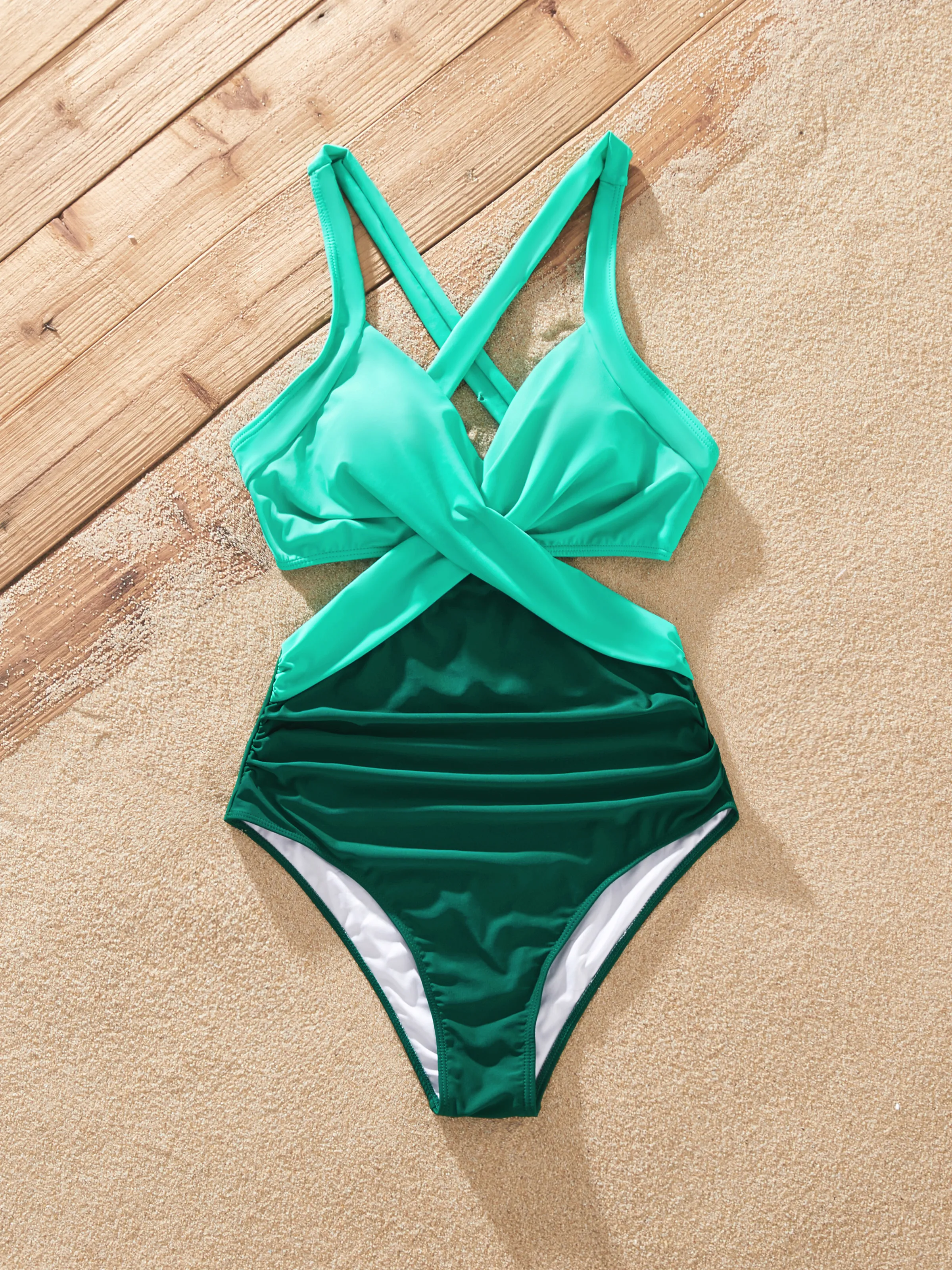 Matching Family Swimsuits for Beach Green Colorblock One-Piece Swimwear or Swim Trunks Summer Vacation Outfits Green - Image 2