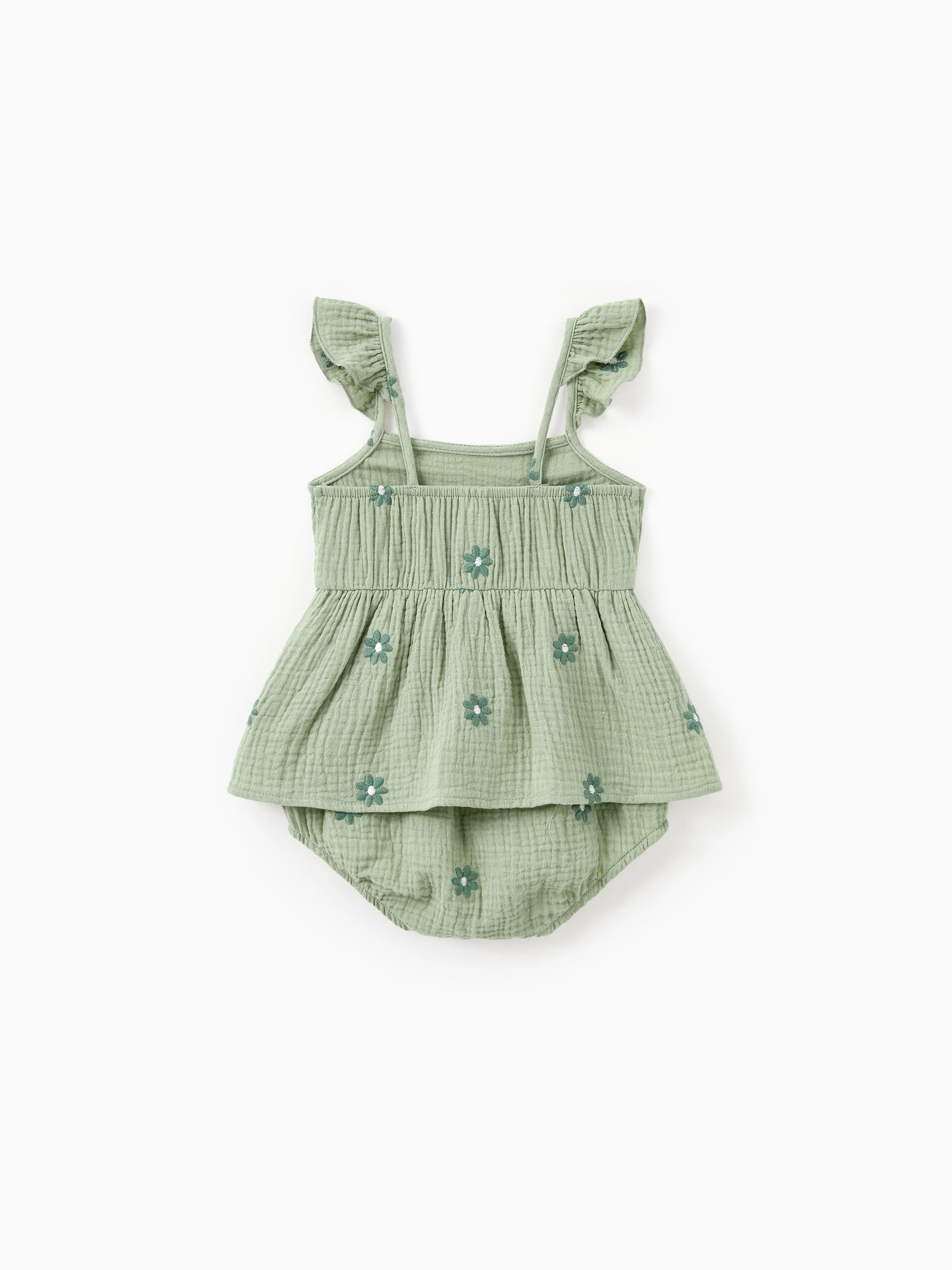Matching Floral Cotton Dresses for Mom & Me Button-Down Smocked Floral Strap Dress for Mom, Baby Girl Ruffle Dress with Bow, Perfect for Summer Family Outings & Photos Pale Green - Image 13