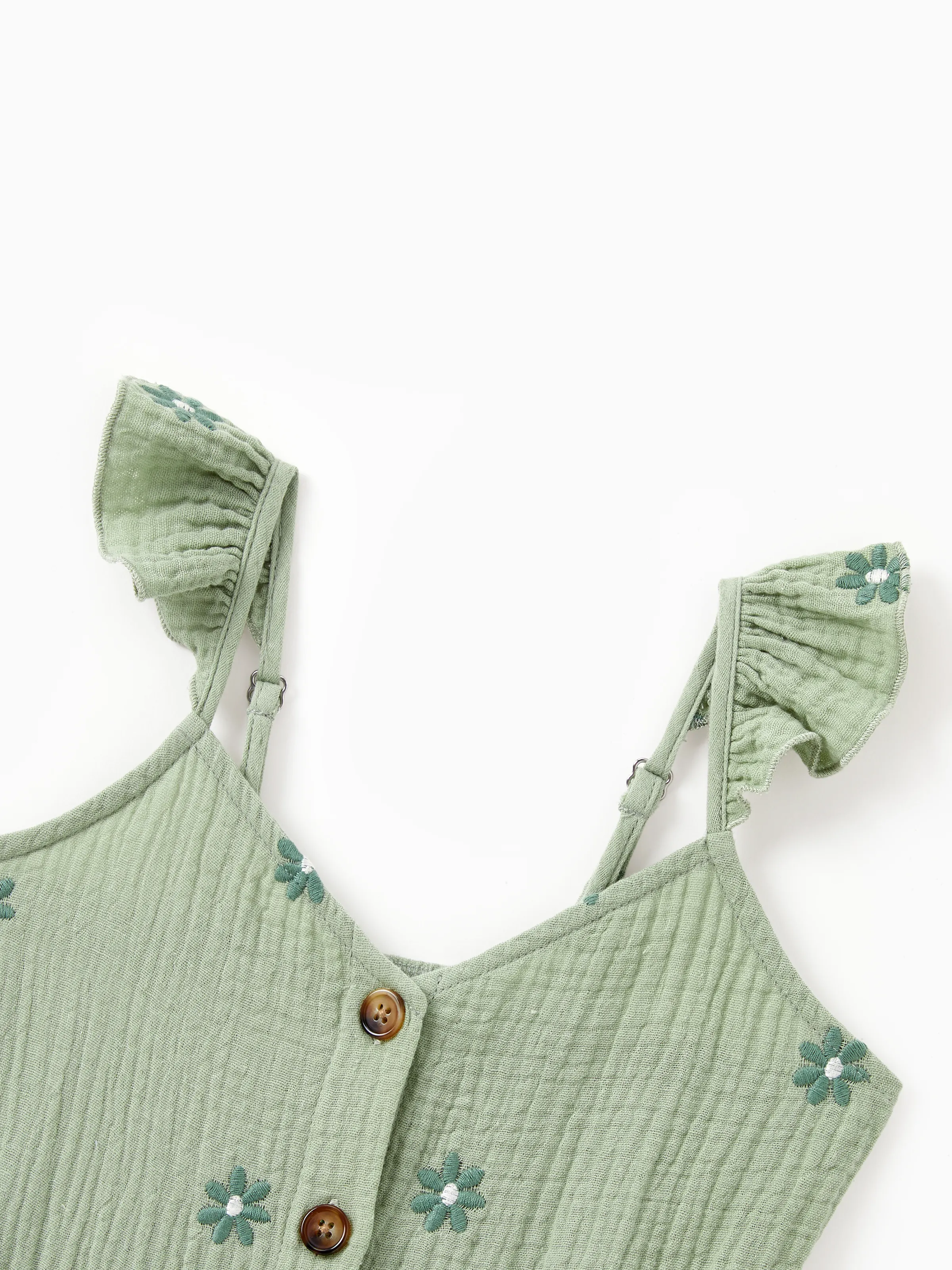Matching Floral Cotton Dresses for Mom & Me Button-Down Smocked Floral Strap Dress for Mom, Baby Girl Ruffle Dress with Bow, Perfect for Summer Family Outings & Photos Pale Green - Image 9