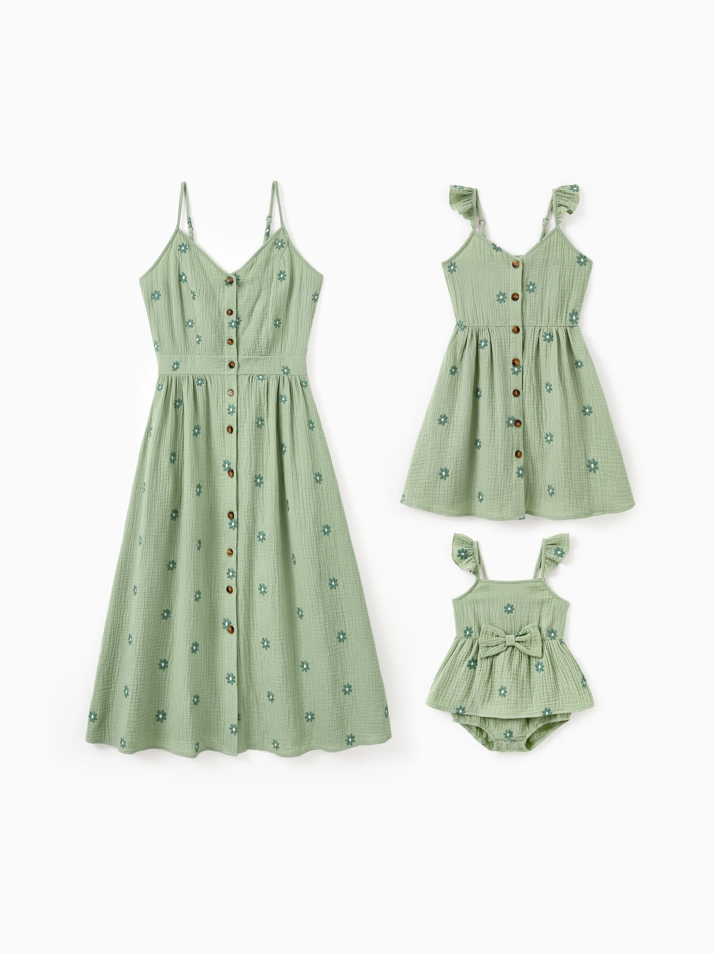 Toddler/Kid Girl Floral Cotton Dresses for Button-Down Smocked Floral Strap Ruffle Dress with Bow, Perfect for Summer Family Outings & Photos Pale Green - Image 2