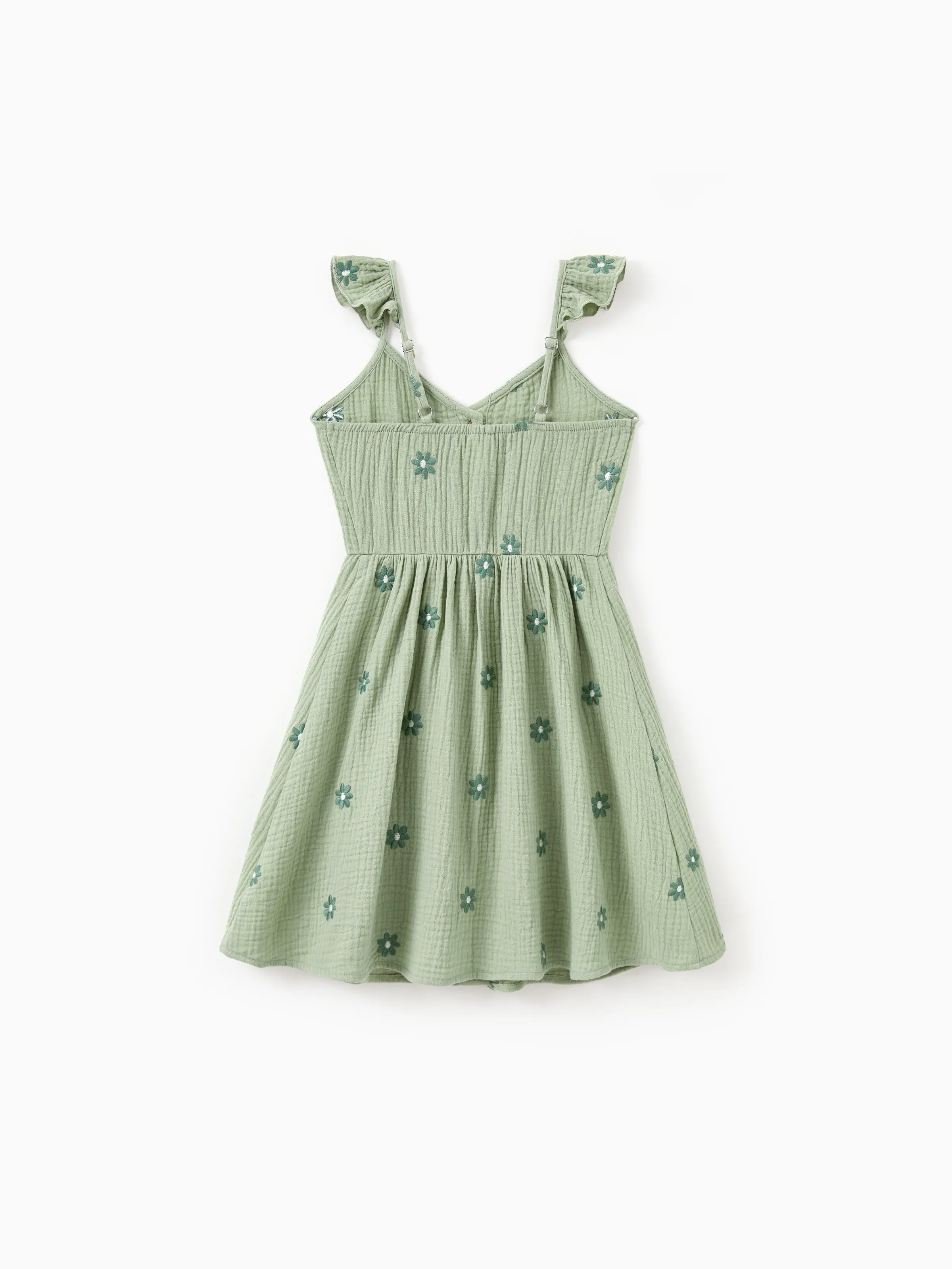 Toddler/Kid Girl Floral Cotton Dresses for Button-Down Smocked Floral Strap Ruffle Dress with Bow, Perfect for Summer Family Outings & Photos Pale Green - Image 3