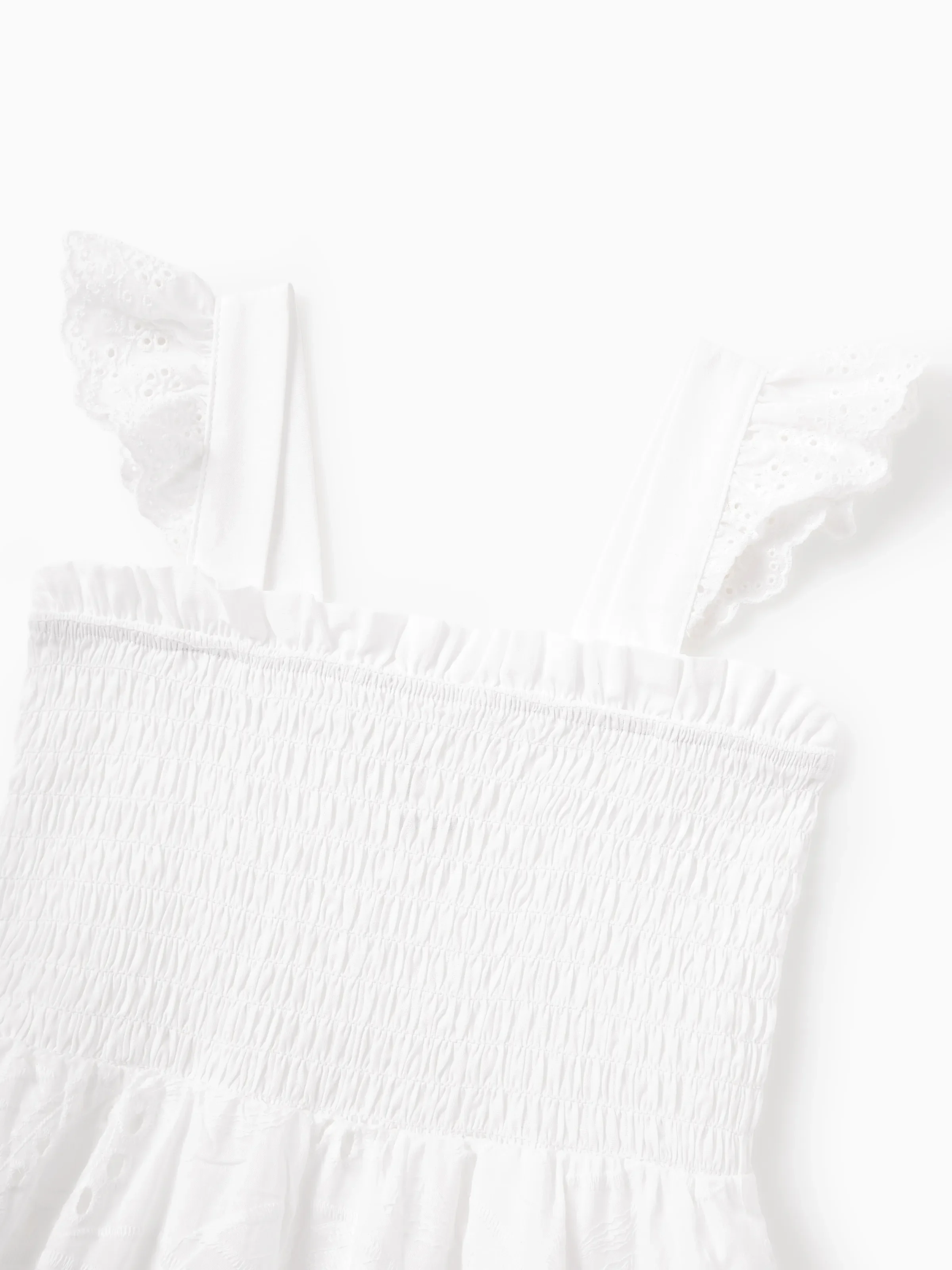 Matching Mom & Me Cotton Dress Eyelet Smocked Dresses with Ruffled Straps, Perfect for Summer Outings & Family Photos White - Image 10