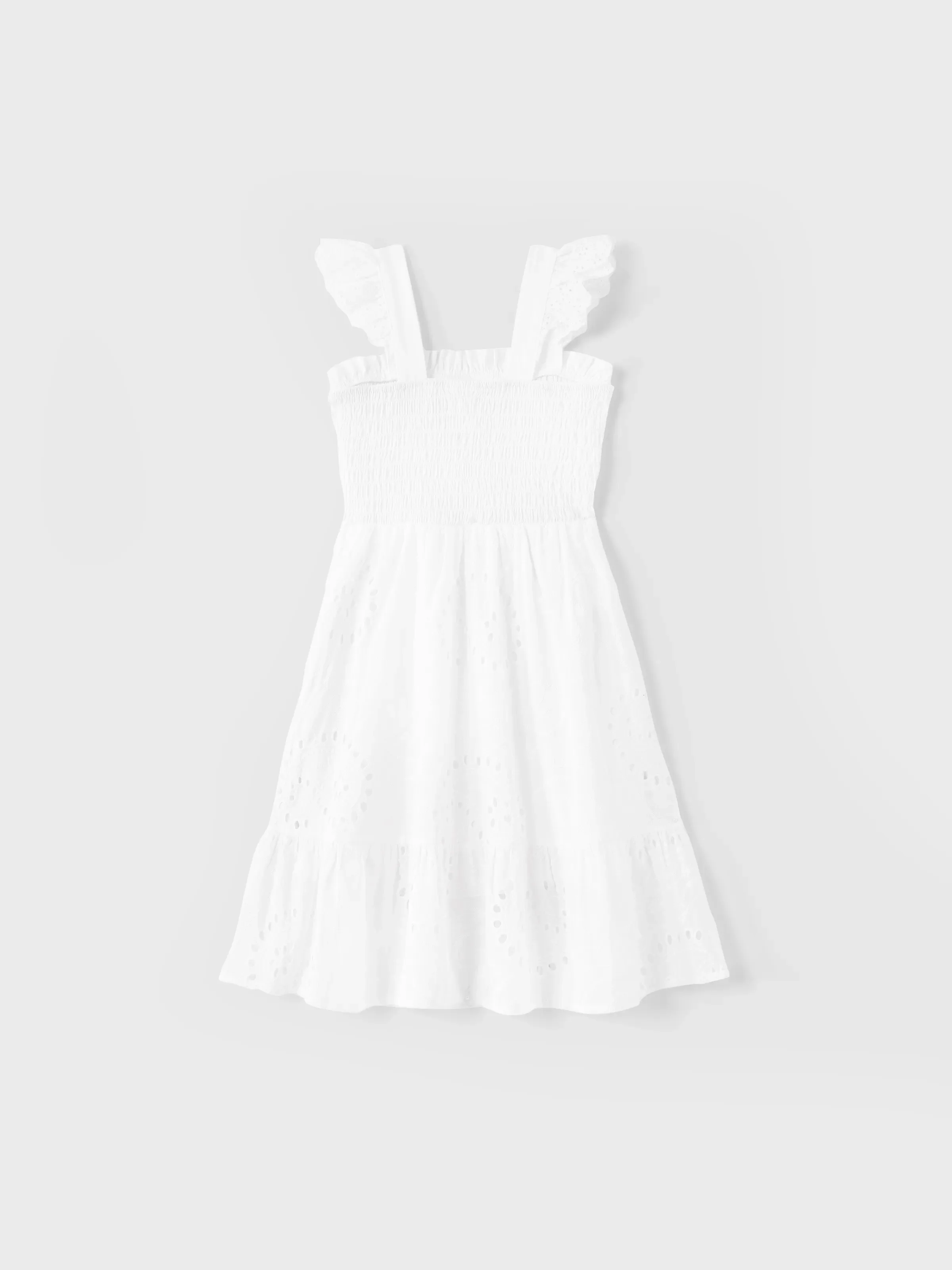 Matching Mom & Me Cotton Dress Eyelet Smocked Dresses with Ruffled Straps, Perfect for Summer Outings & Family Photos White - Image 9