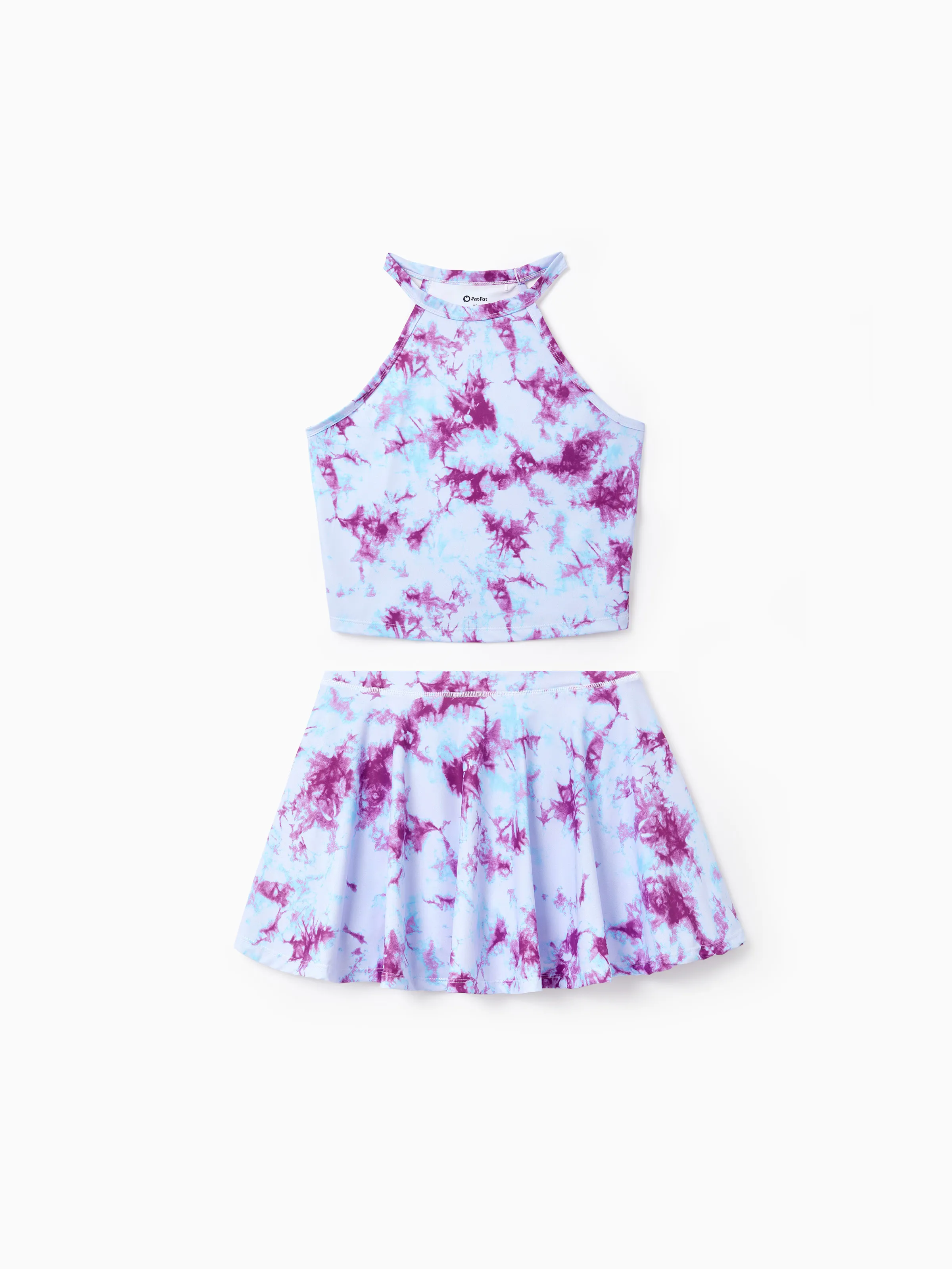 Matching Mommy and Me Tie Dye Skirt Set Halter Crop Top & Flowy Skirt Outfit, Cute Summer Twinning Looks for Vacation & Photos Purple - Image 2