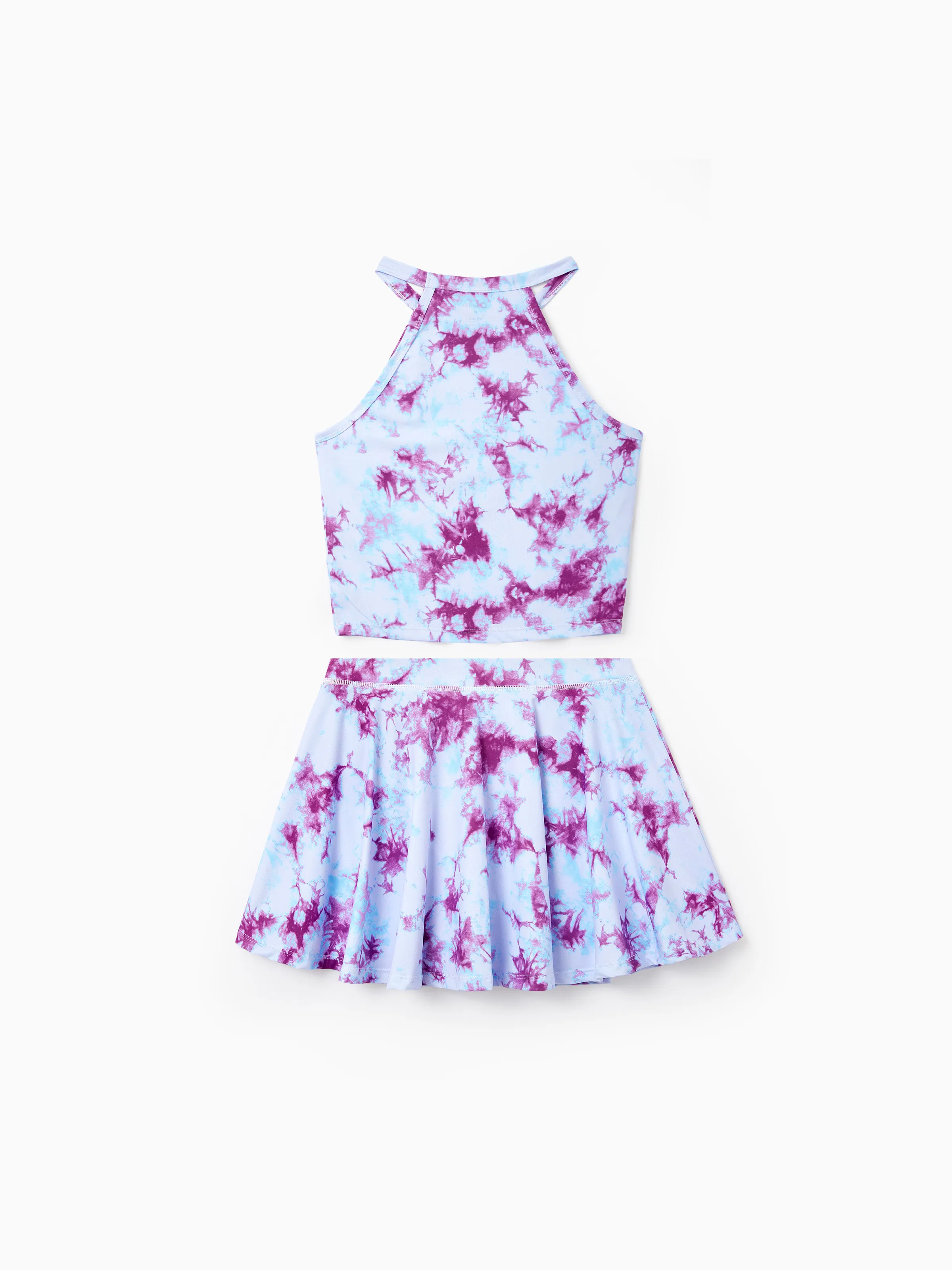 Matching Mommy and Me Tie Dye Skirt Set Halter Crop Top & Flowy Skirt Outfit, Cute Summer Twinning Looks for Vacation & Photos Purple - Image 3