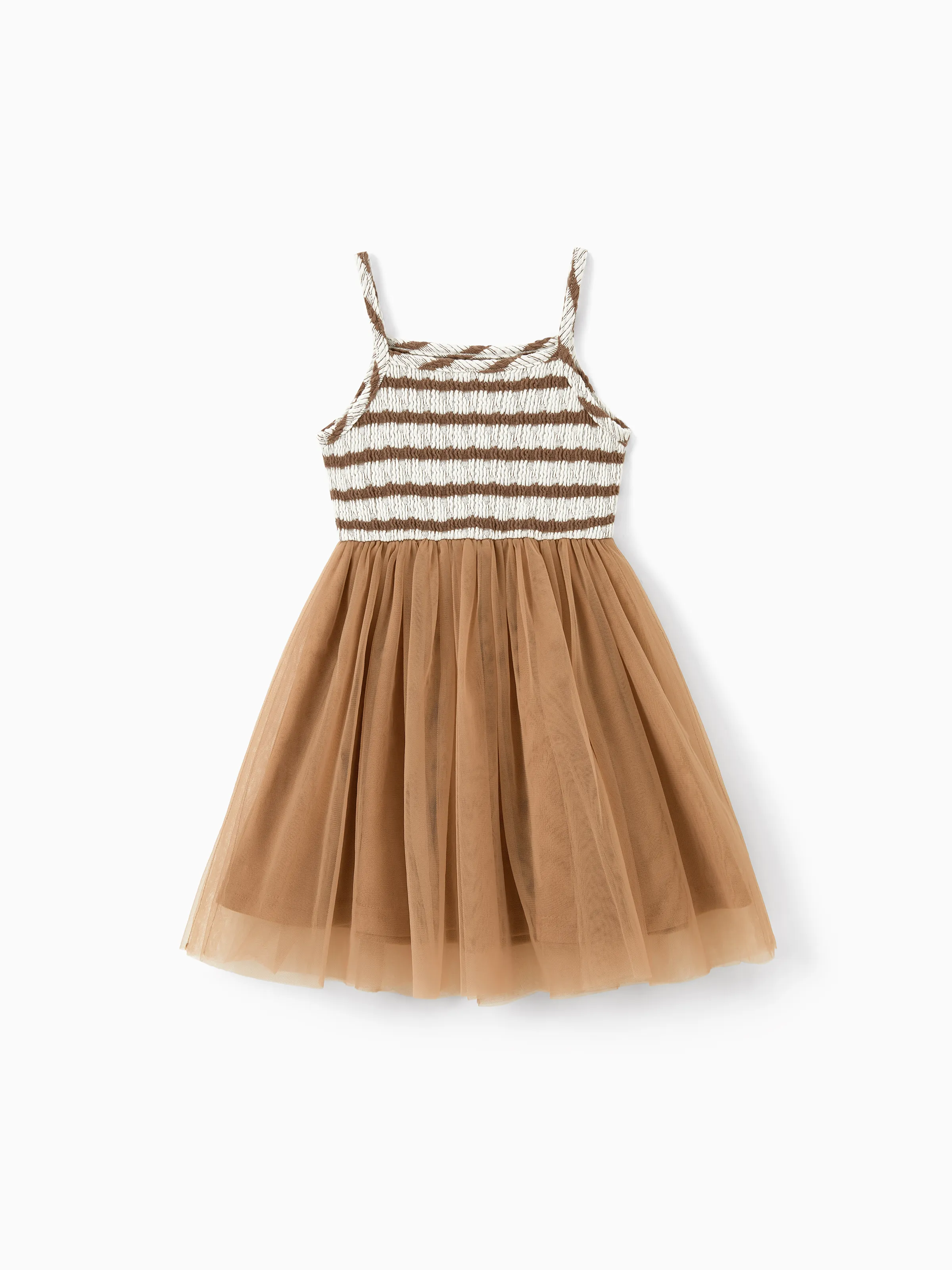 Matching Striped Dresses for Mommy & Me  Twist-Front Dress with Tulle Skirt, Perfect for Summer Family Outings & Photos Khaki - Image 13