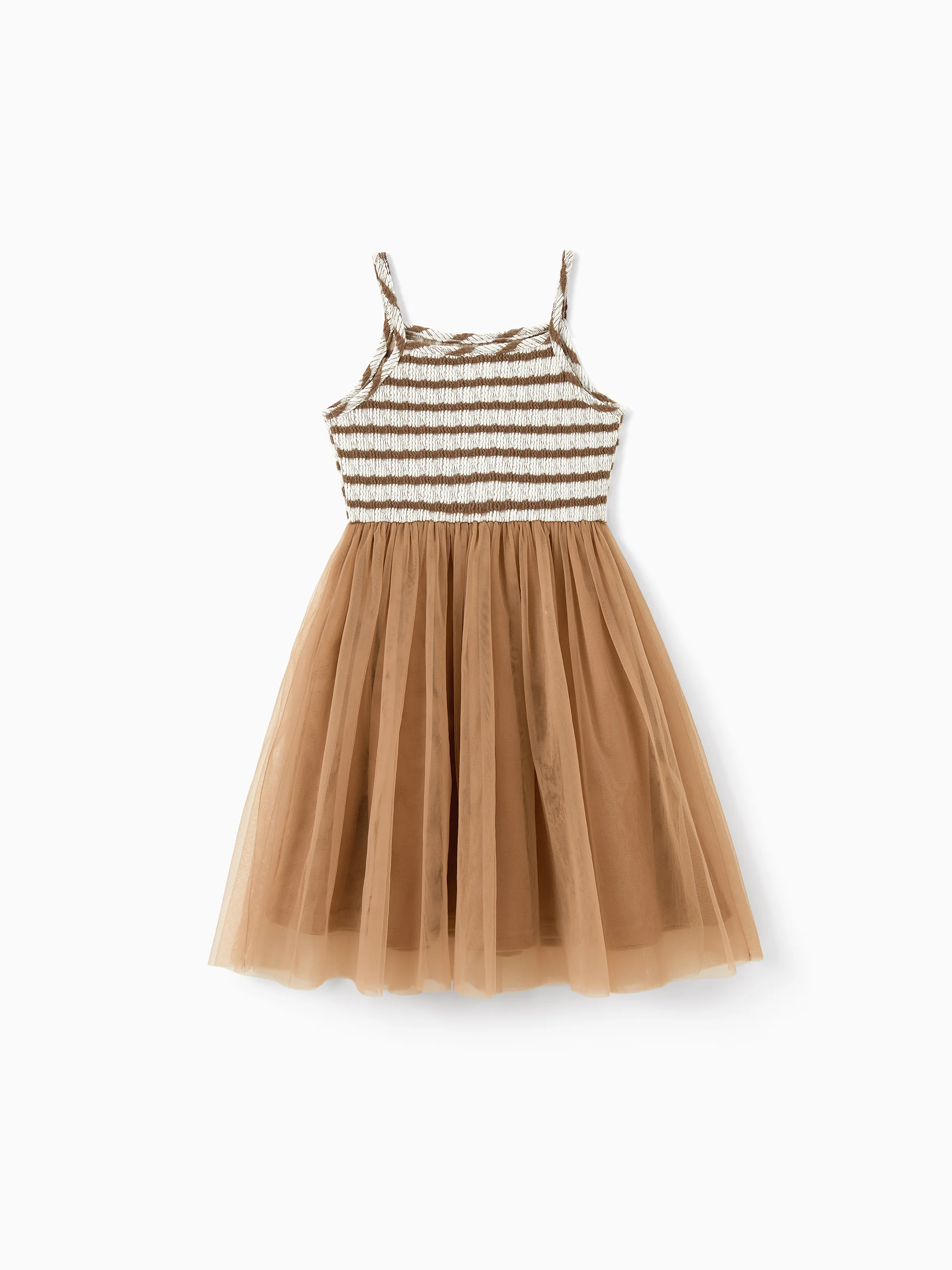 Matching Striped Dresses for Mommy & Me  Twist-Front Dress with Tulle Skirt, Perfect for Summer Family Outings & Photos Khaki - Image 7