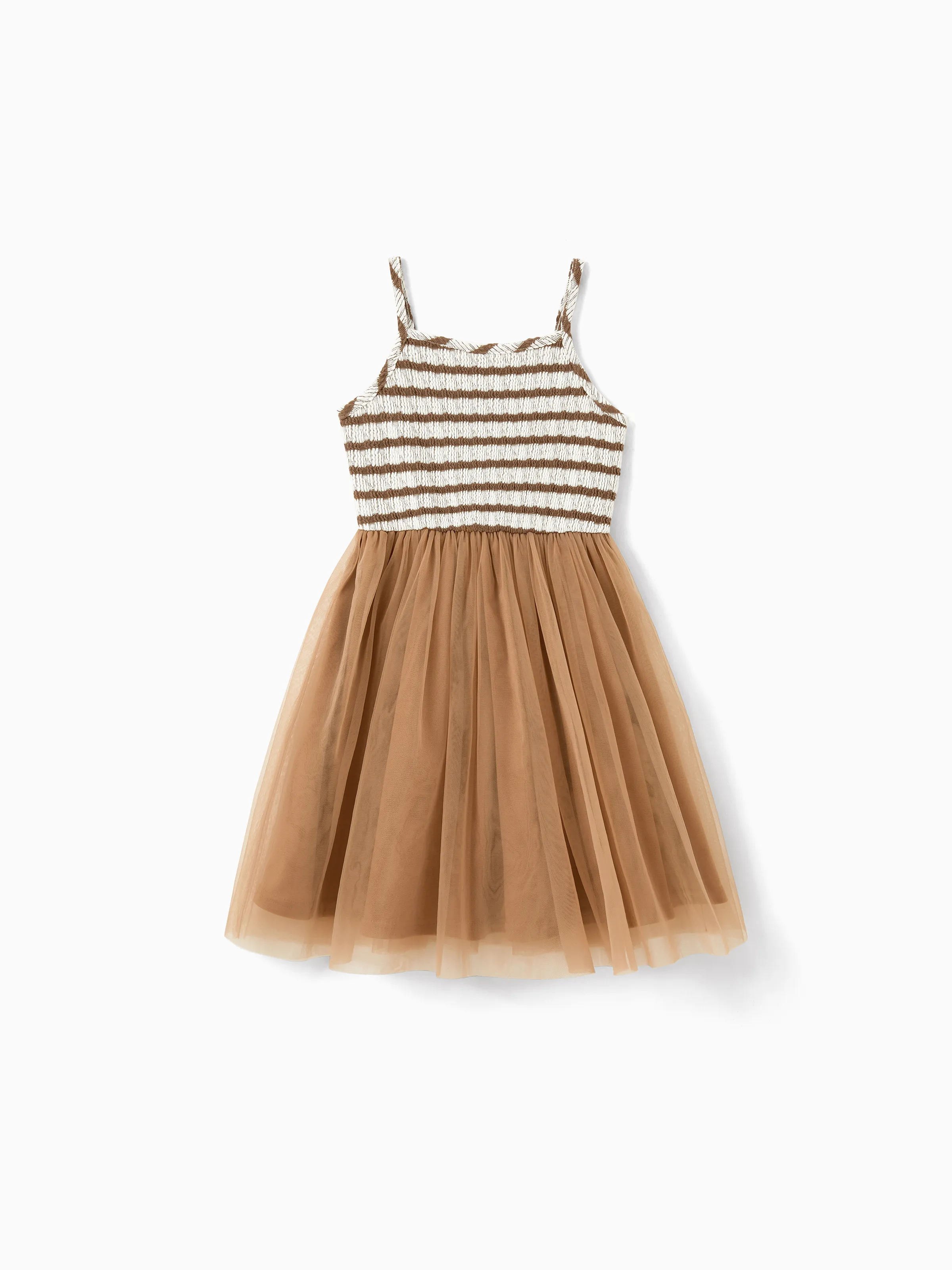 Matching Striped Dresses for Mommy & Me  Twist-Front Dress with Tulle Skirt, Perfect for Summer Family Outings & Photos Khaki - Image 8