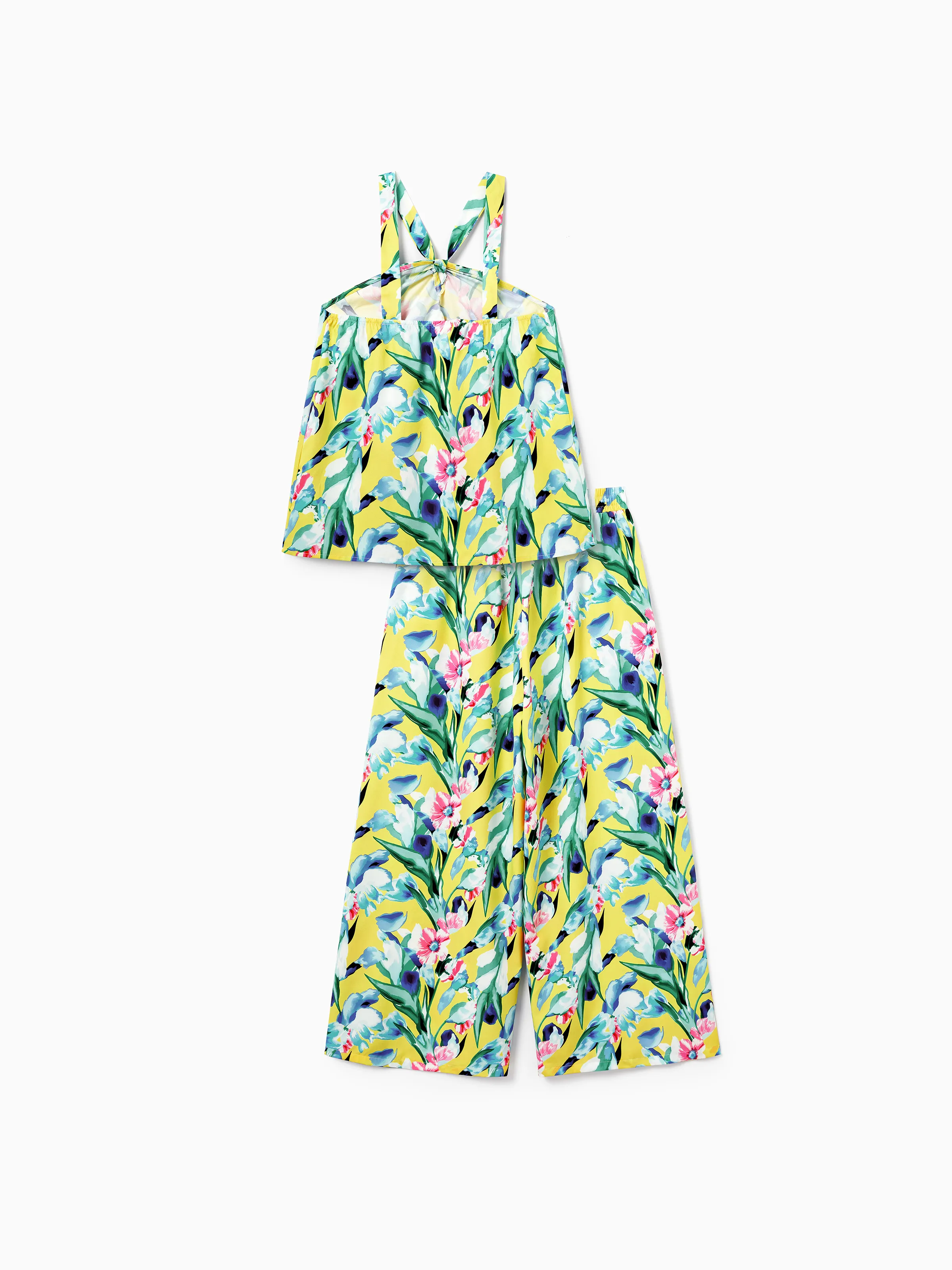 Mommy and Me Casual Outfits Floral Print Camisole Top and Wide-leg Pants Set for Mom Strappy Dress for girl, Bodysuit for Baby Girl Yellow - Image 6