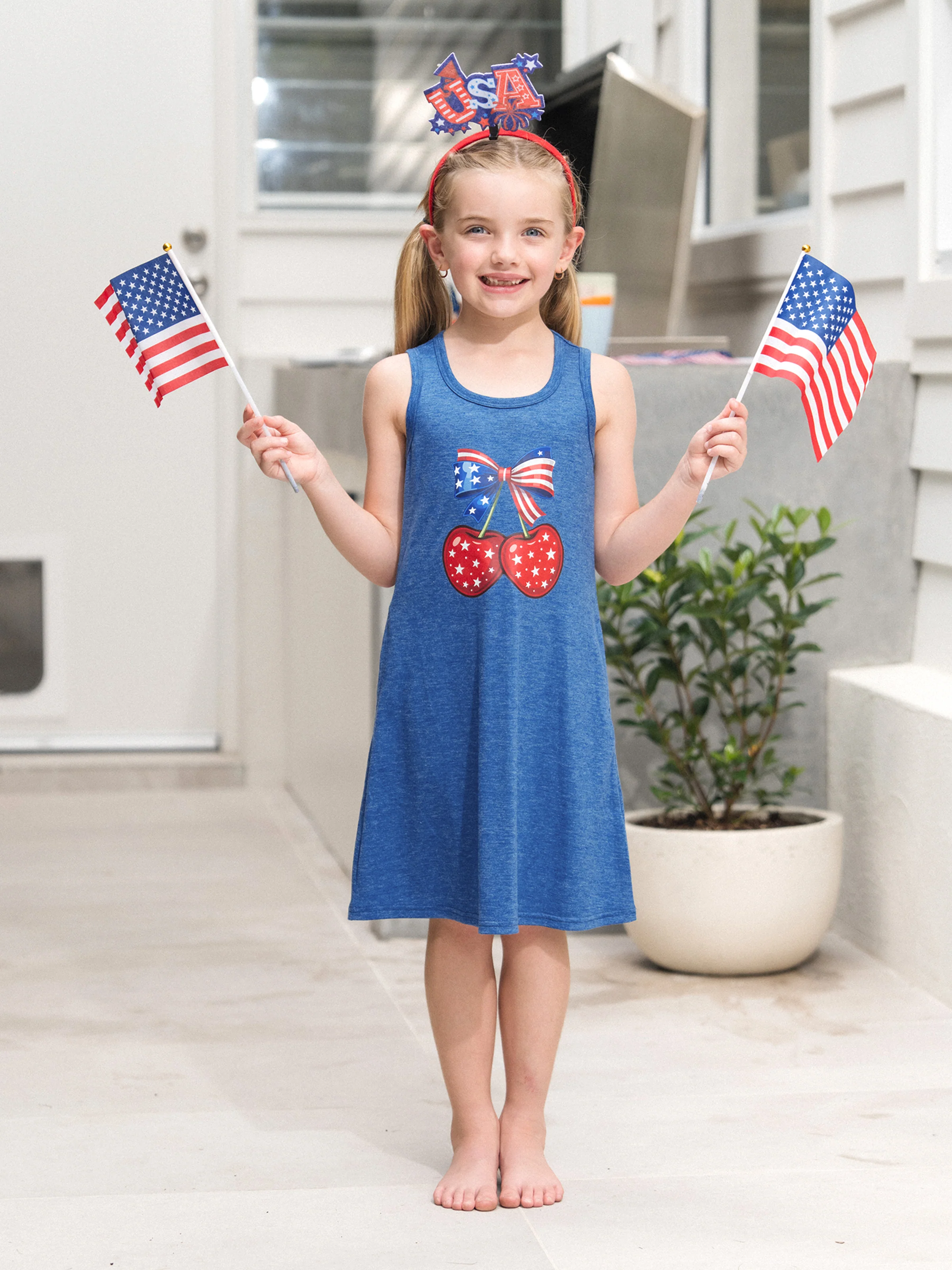 Independence Day Mommy and Me Patriotic Cherry Print Casual Sleeveless Dress Blue - Image 10