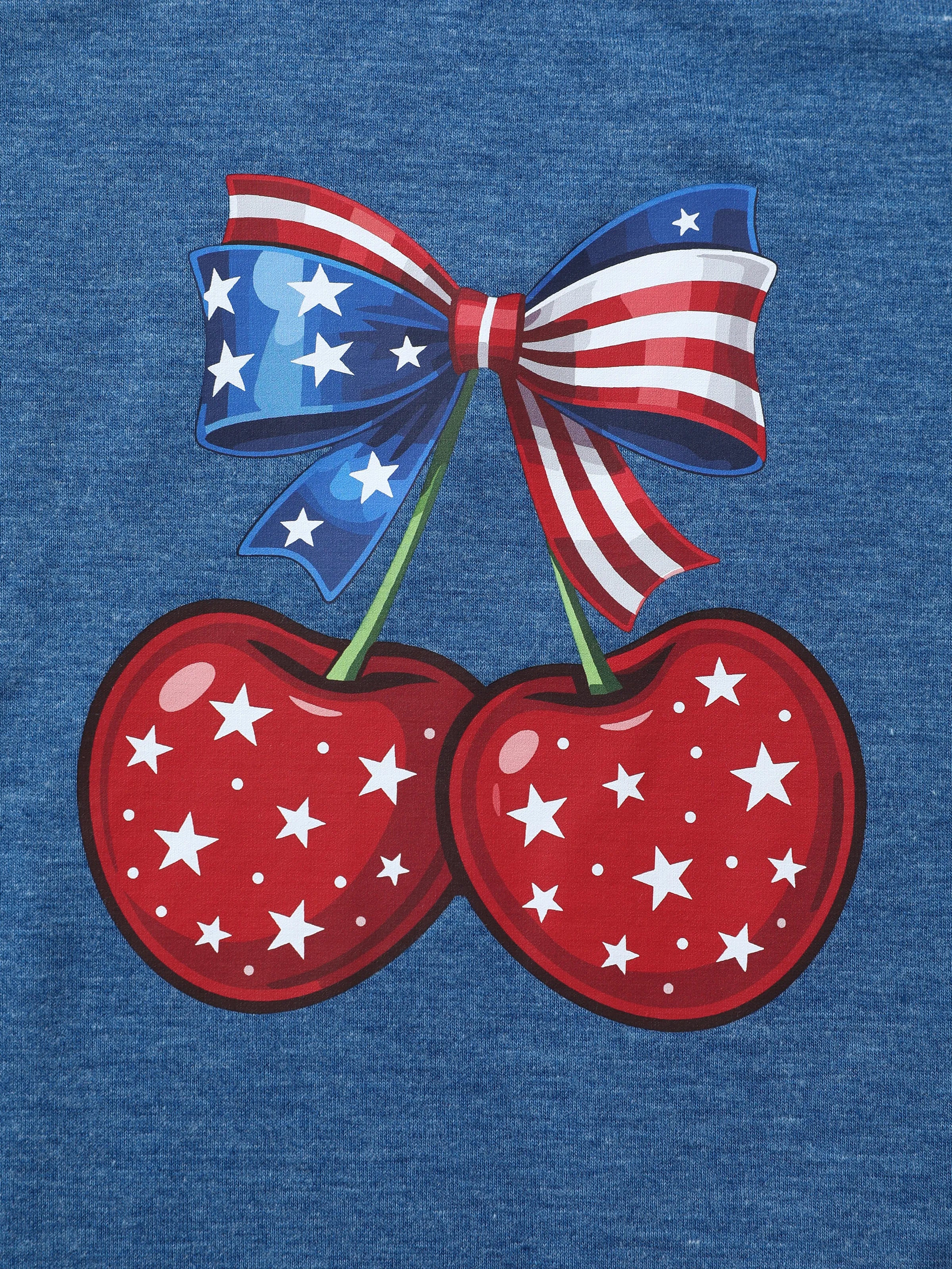 Independence Day Mommy and Me Patriotic Cherry Print Casual Sleeveless Dress Blue - Image 15