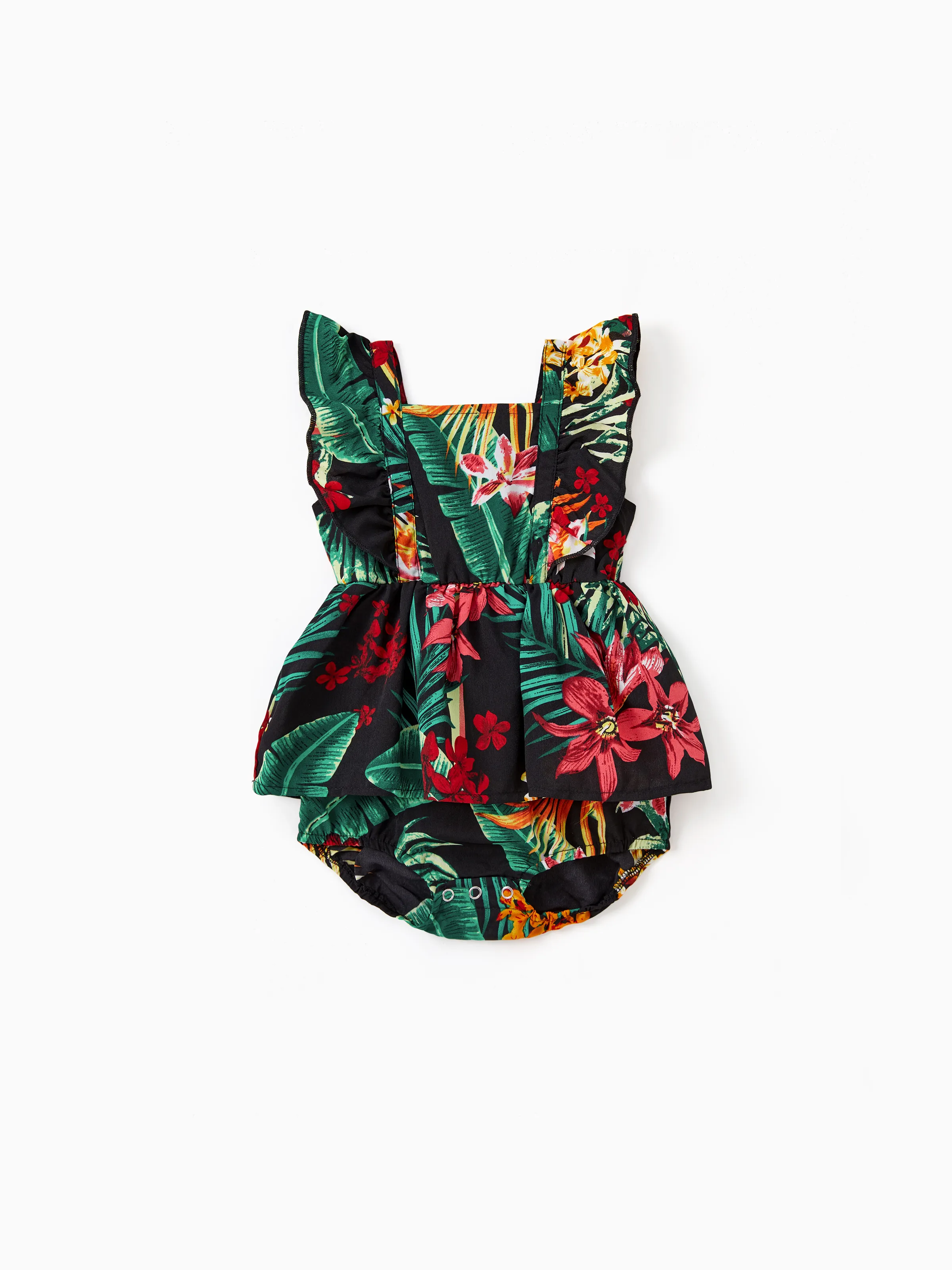 Mommy and Me Family Matching Allover Plant Floral Print Halterneck Dresses and Short-sleeve Shirts Sets Black - Image 14