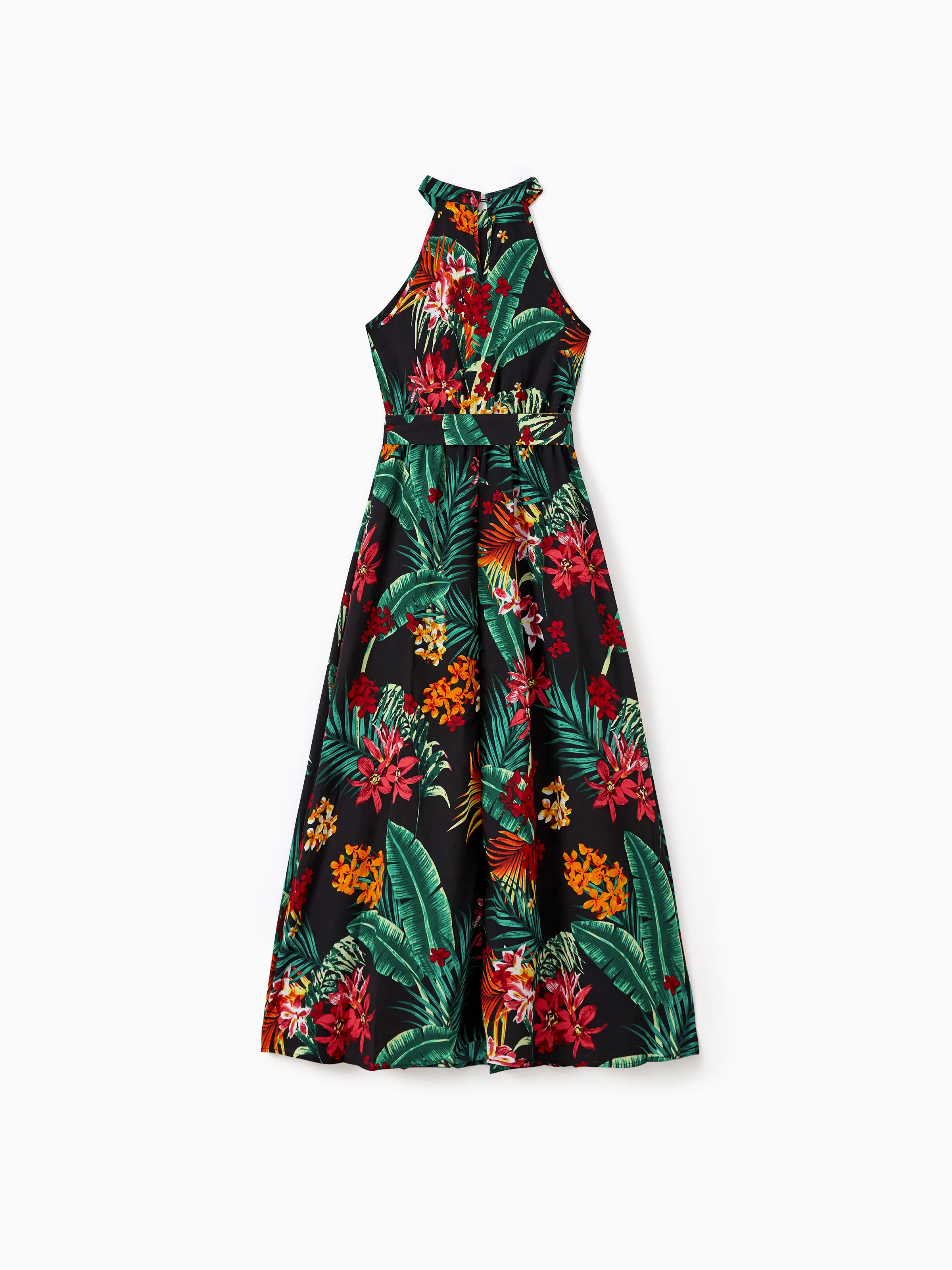 Mommy and Me Family Matching Allover Plant Floral Print Halterneck Dresses and Short-sleeve Shirts Sets Black - Image 5