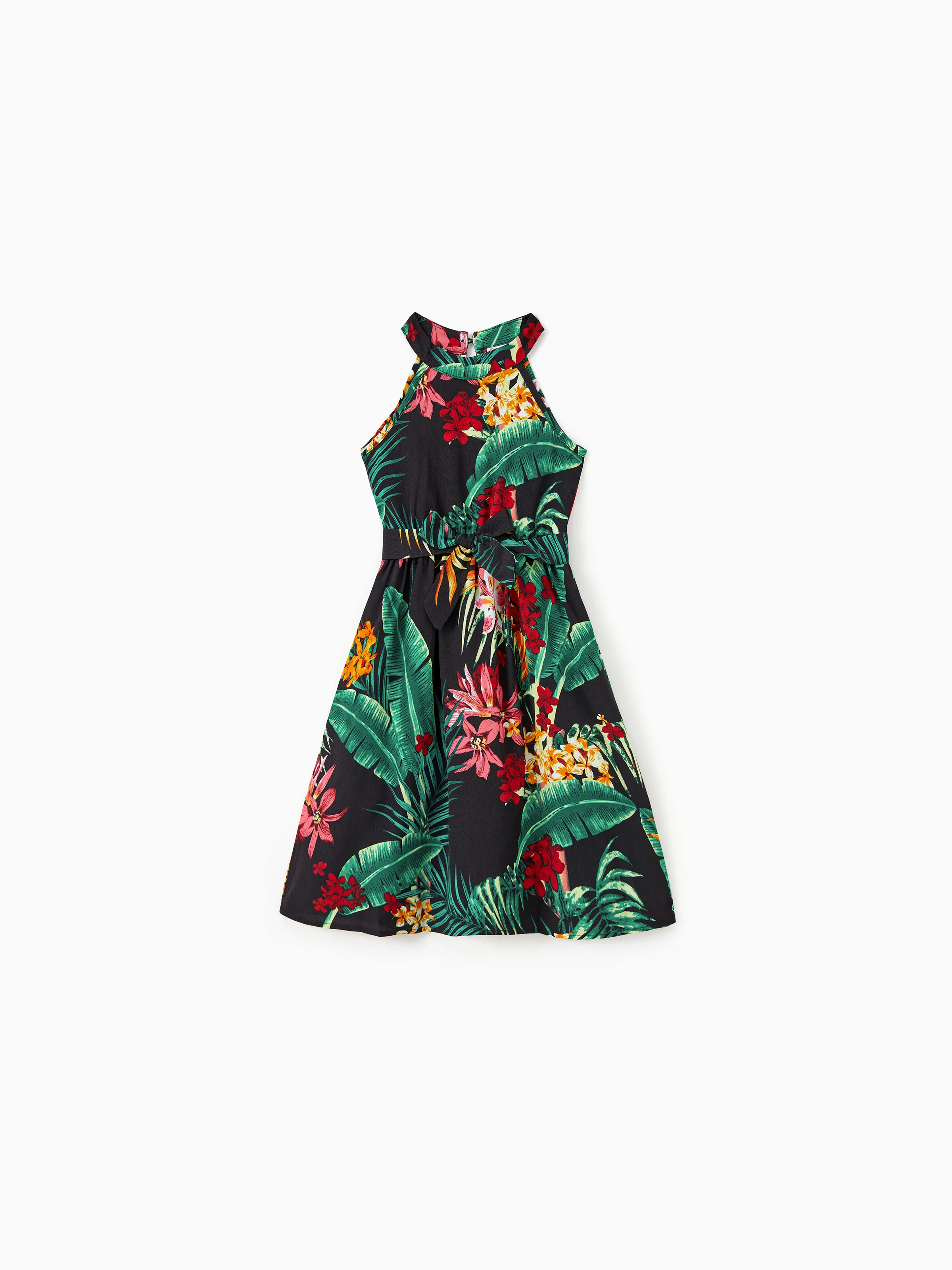 Mommy and Me Family Matching Allover Plant Floral Print Halterneck Dresses and Short-sleeve Shirts Sets Black - Image 9