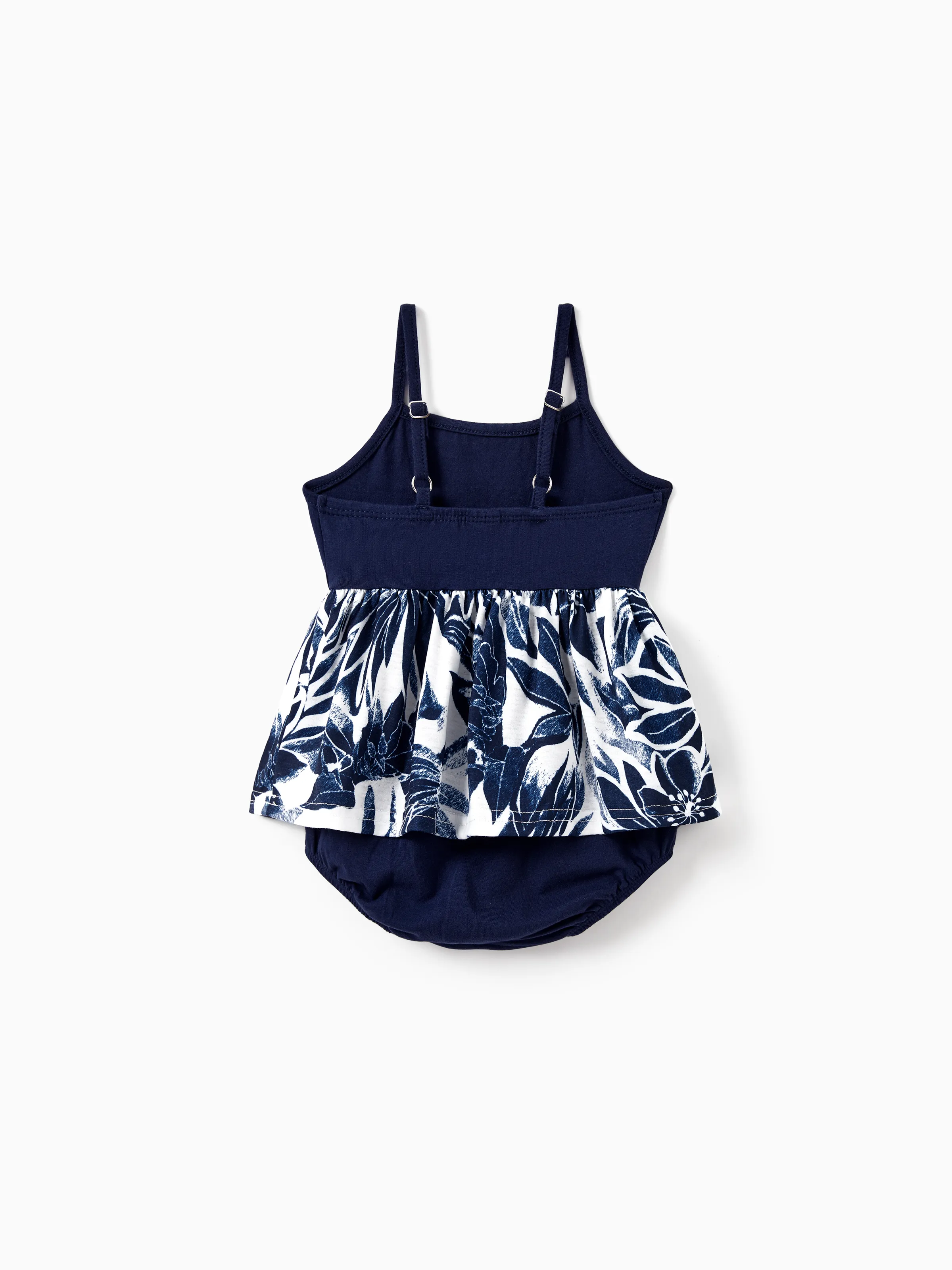 Mommy and Me Family Matching Cotton Tee Flora Print Splicing Shirt or Tank Dress Deep Blue - Image 14