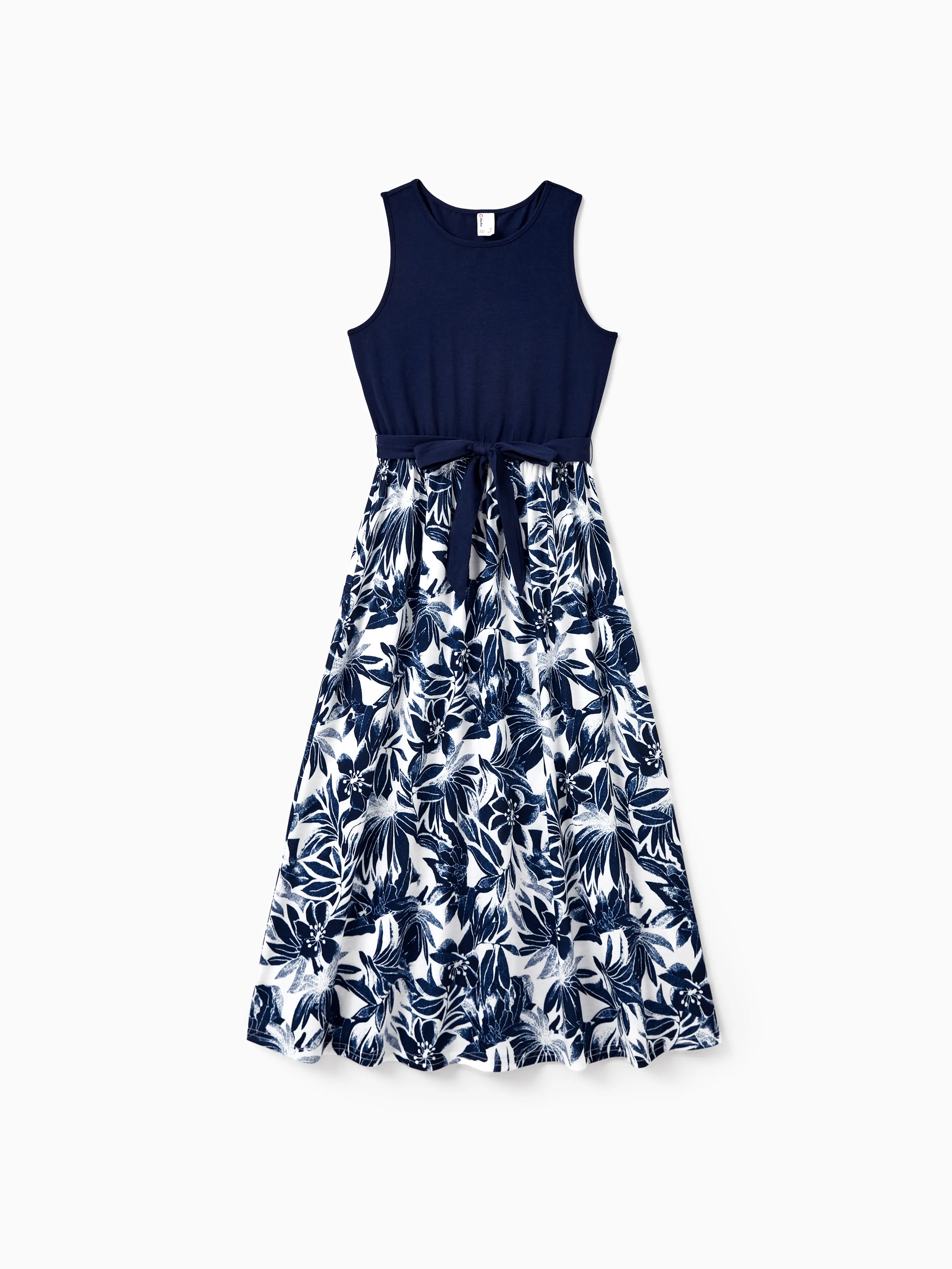 Mommy and Me Family Matching Cotton Tee Flora Print Splicing Shirt or Tank Dress Deep Blue - Image 3