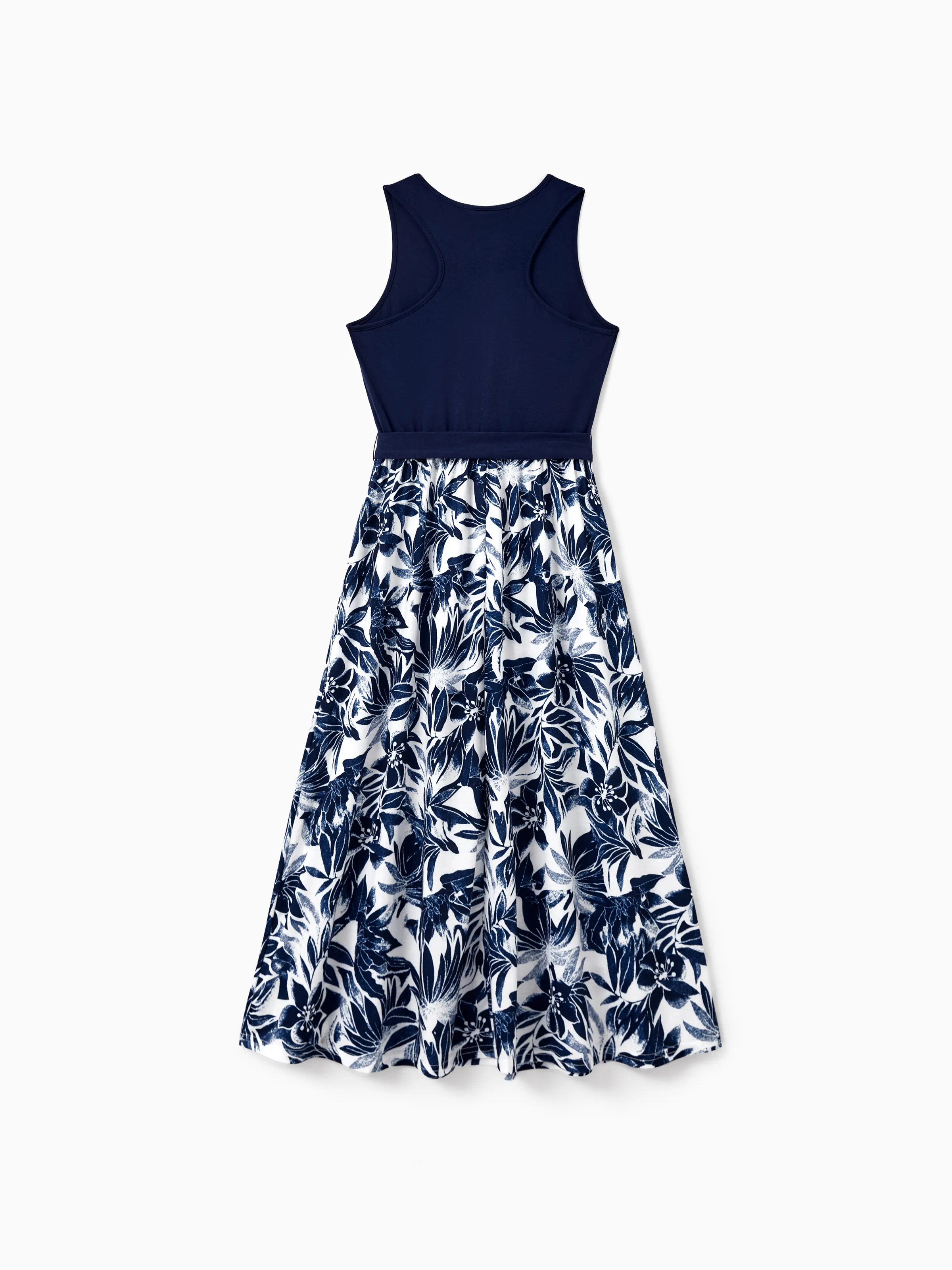 Mommy and Me Family Matching Cotton Tee Flora Print Splicing Shirt or Tank Dress Deep Blue - Image 4