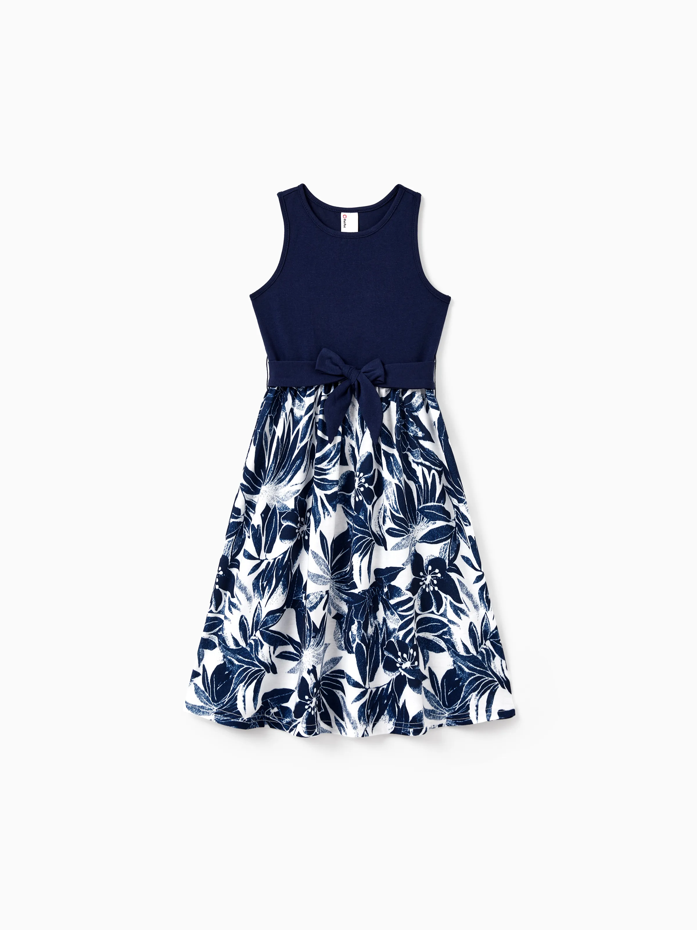 Mommy and Me Family Matching Cotton Tee Flora Print Splicing Shirt or Tank Dress Deep Blue - Image 8