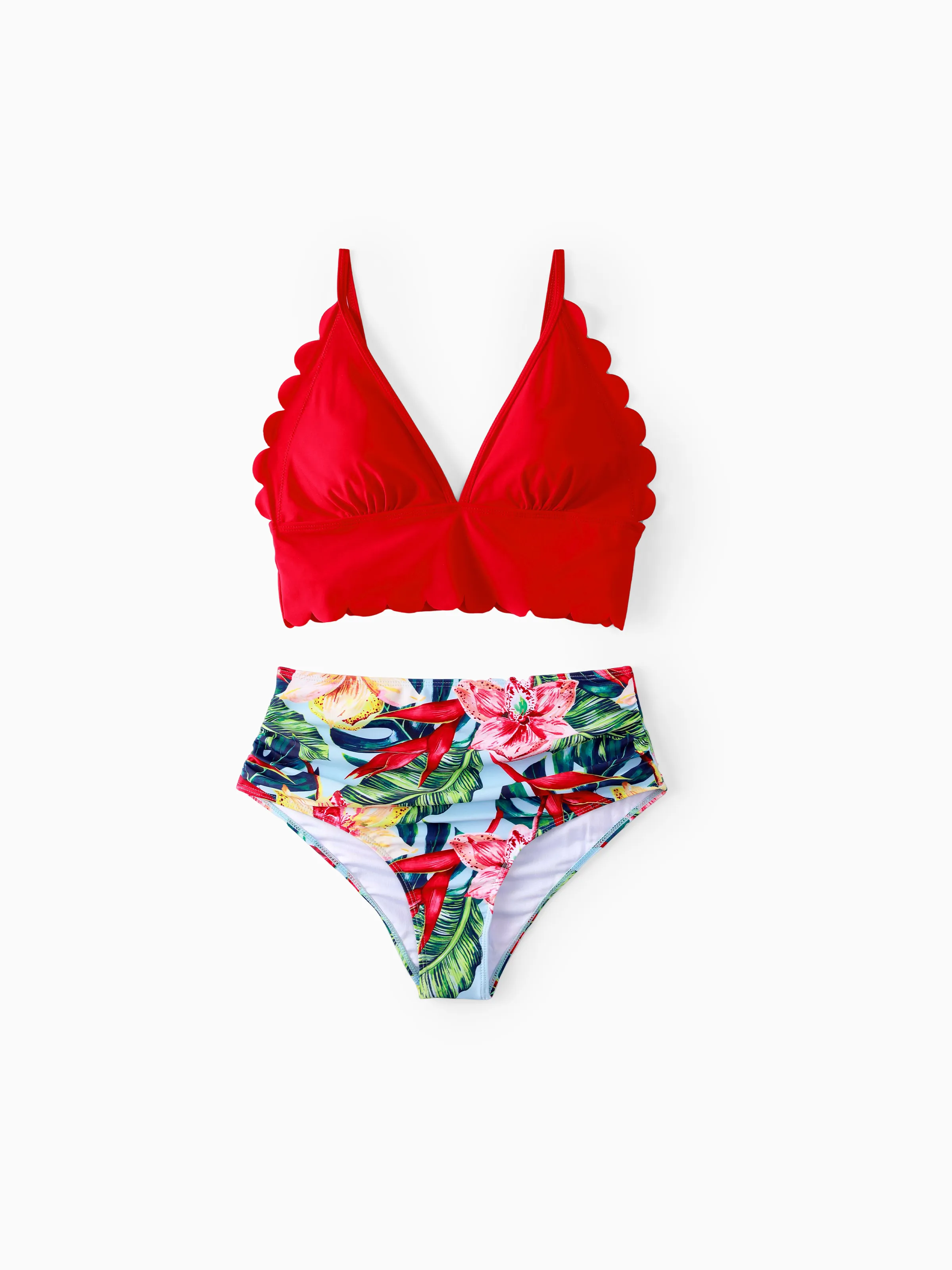 Mommy and Me Family Matching Floral Drawstring Swim Trunks or Ruched Shell Edge Bikini with Optional Swim Cover Up Red - Image 4