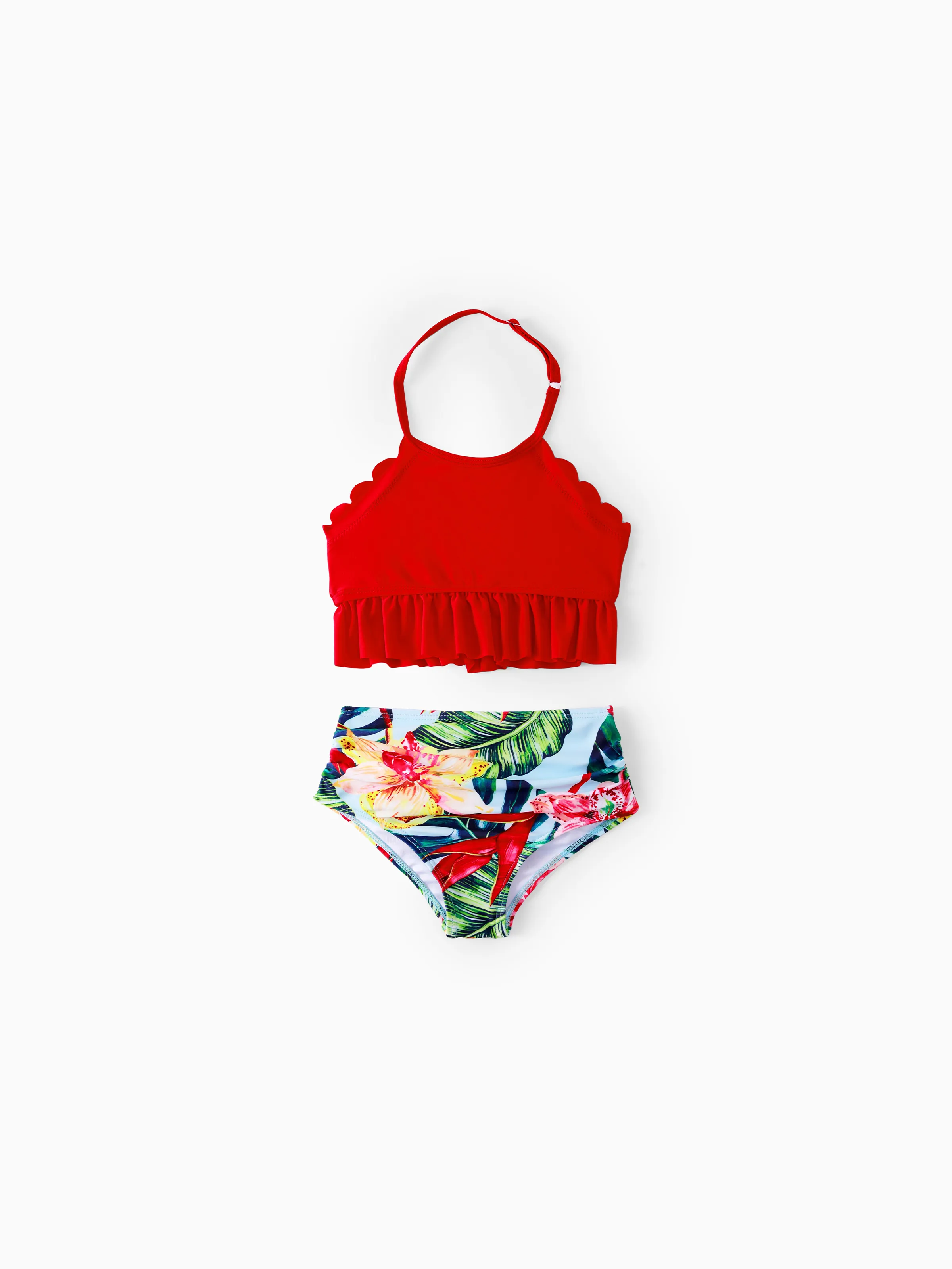 Mommy and Me Family Matching Floral Drawstring Swim Trunks or Ruched Shell Edge Bikini with Optional Swim Cover Up Red - Image 9