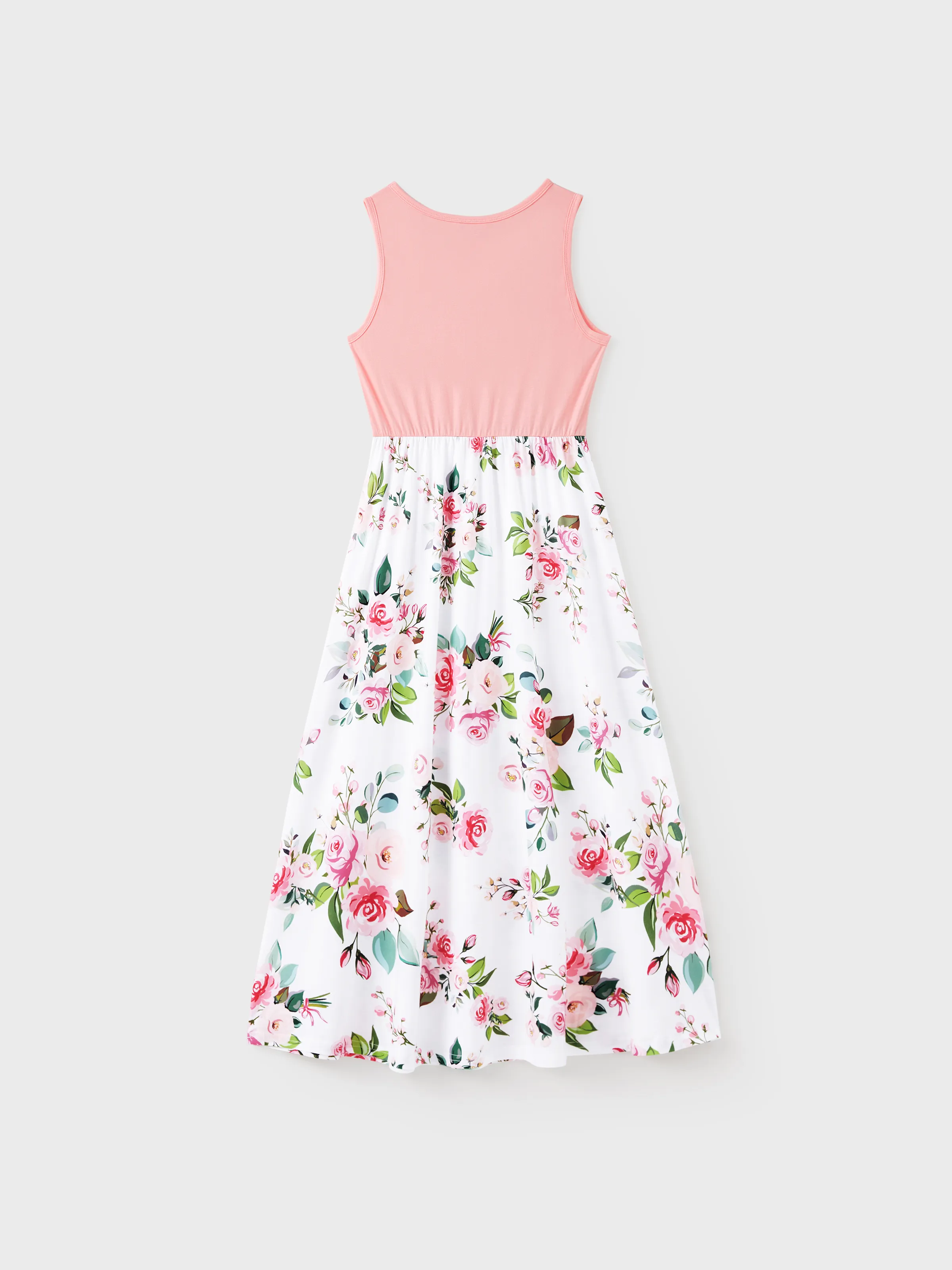 Mommy and Me Family Matching Pink Sleeveless Splicing Floral Print Midi Dresses and Colorblock Short-sleeve Polo Shirts Sets Pink - Image 4