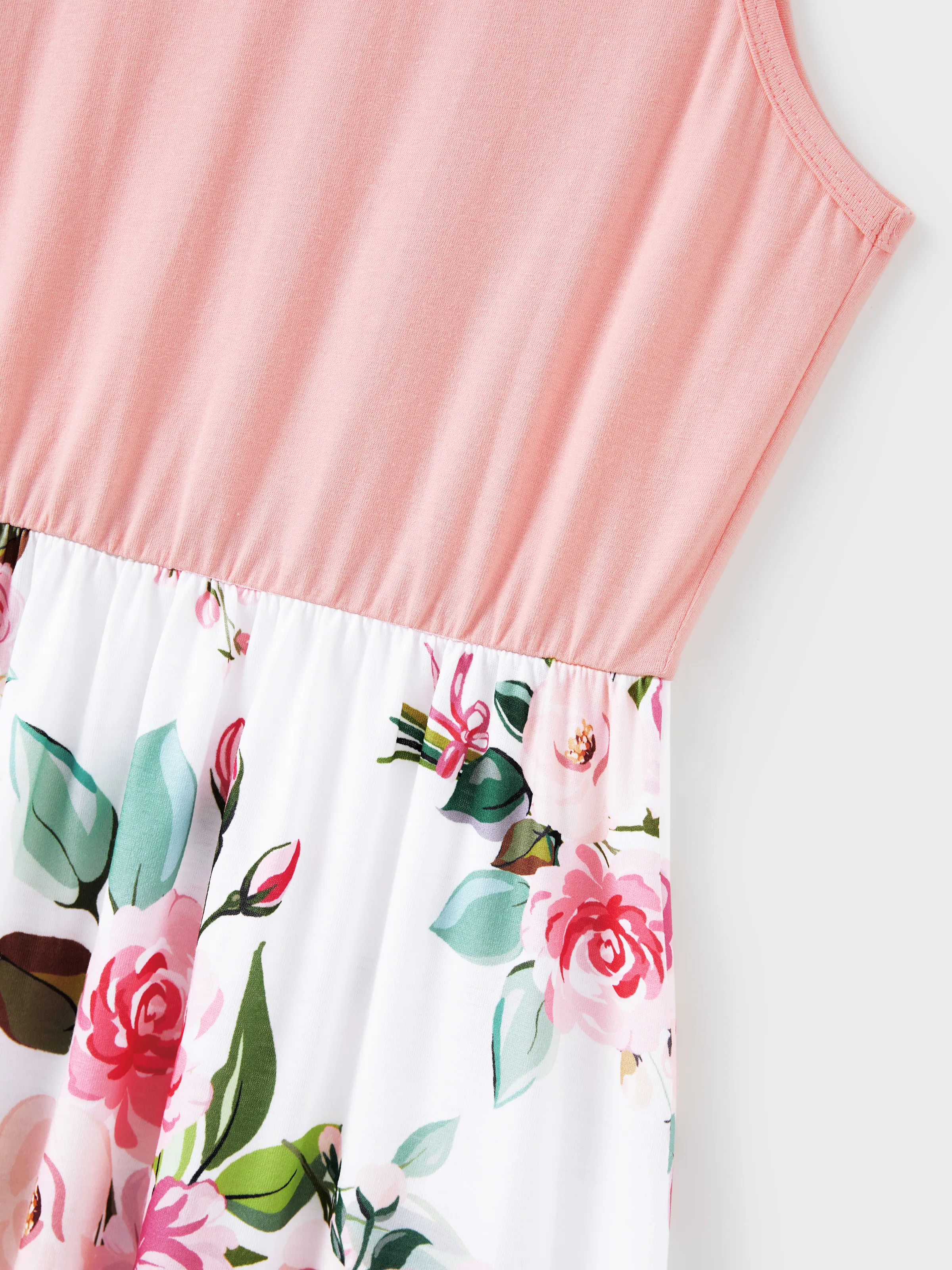 Mommy and Me Family Matching Pink Sleeveless Splicing Floral Print Midi Dresses and Colorblock Short-sleeve Polo Shirts Sets Pink - Image 6