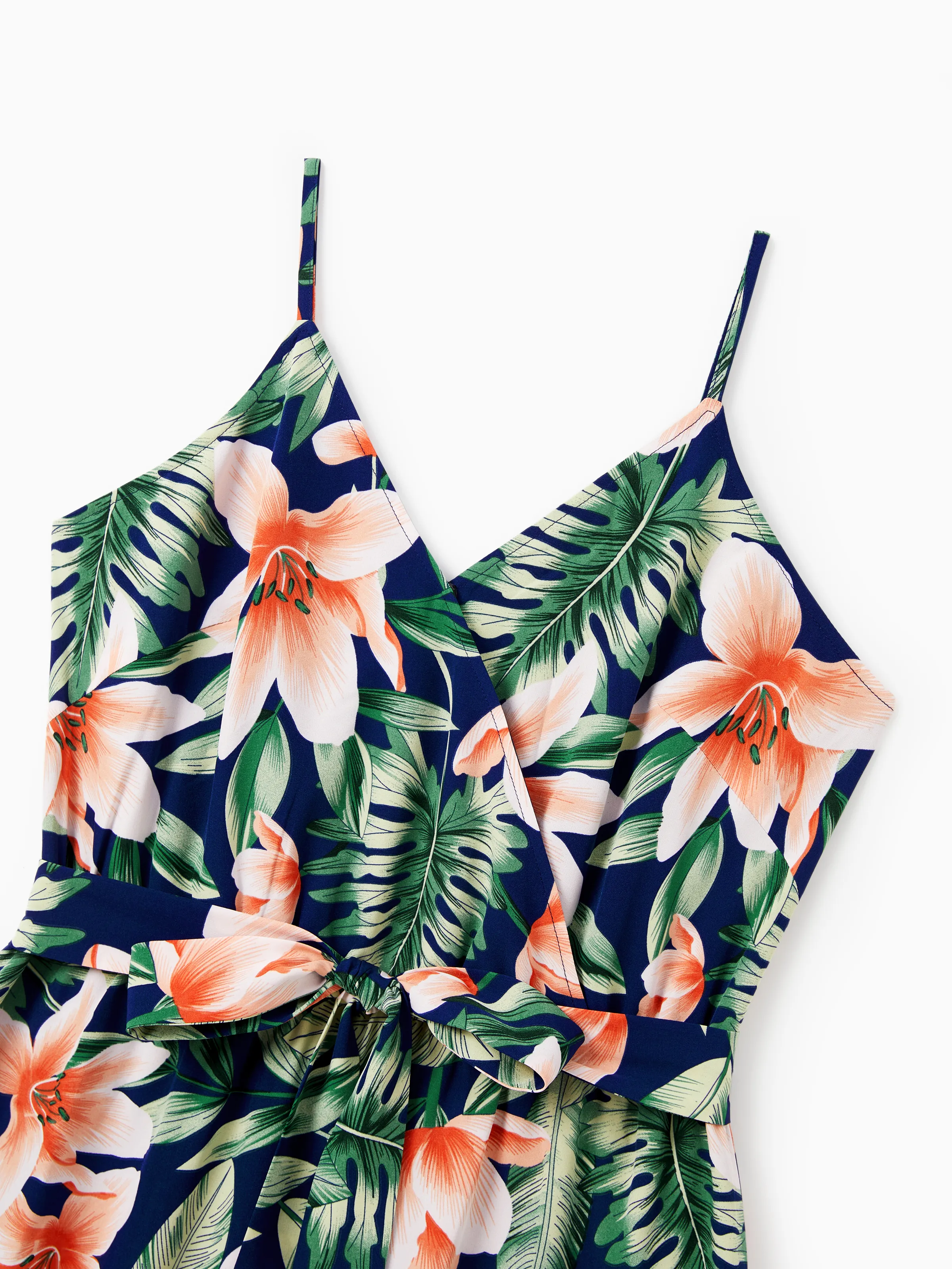 Mommy and Me Family Matching Sets Floral Panel Short-sleeve T-shirts or All Over Floral Print V Neck Spaghetti Strap Midi Dresses with Hidden Snap royalblue - Image 7