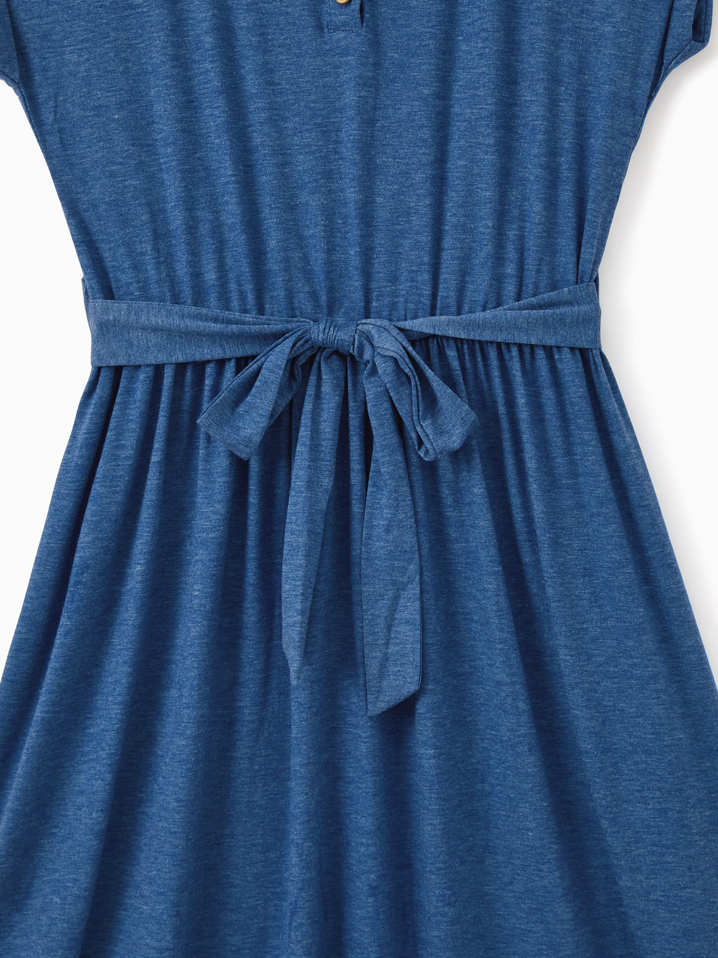Mommy and Me Family Matching Soft Casual Outfit with Below Knee Dresses, Front Buttons, Belted Design Blue - Image 8