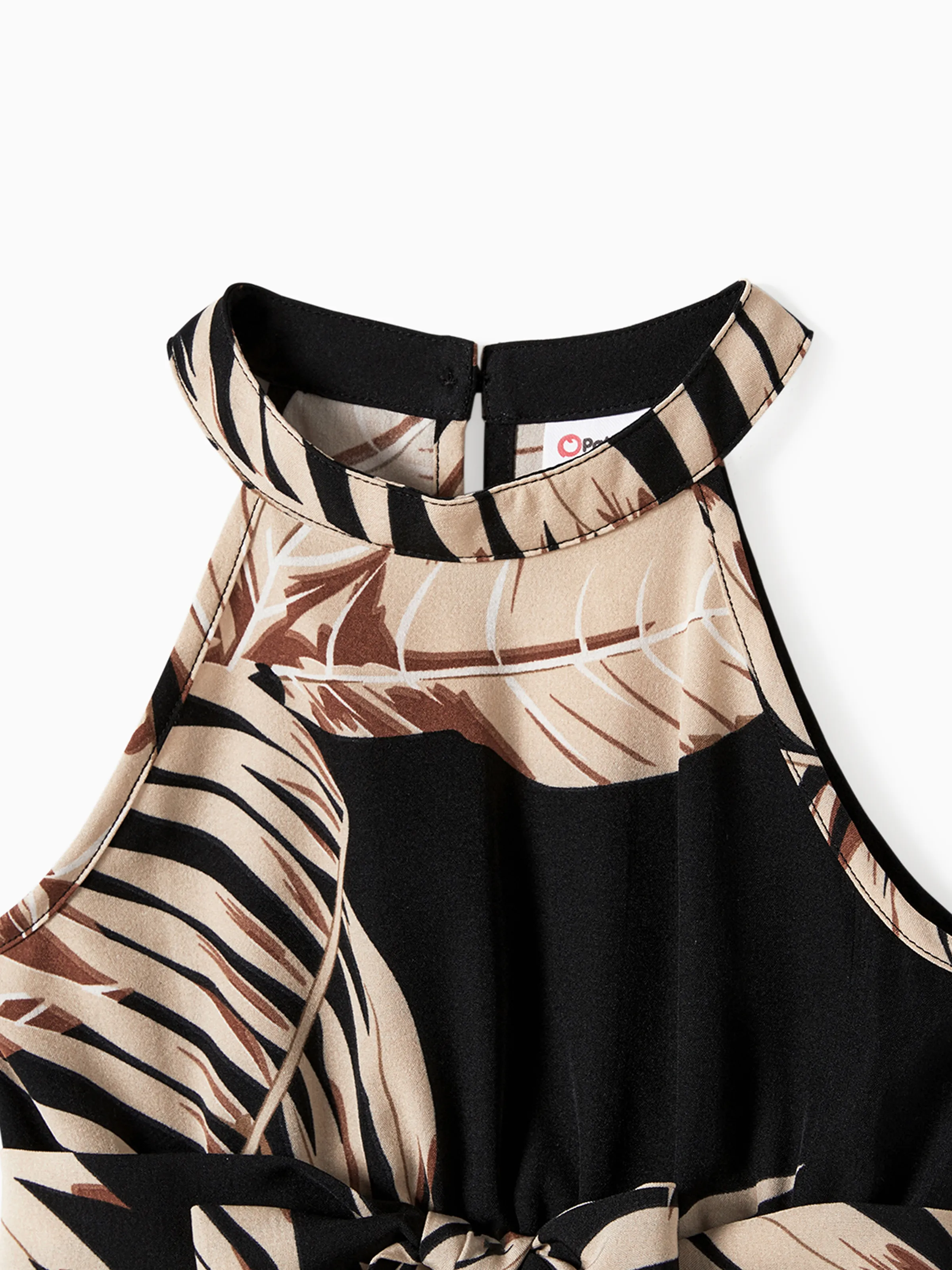 Mommy and Me Family Matching Solid Leaf Sleeveless Halter Dresses And Short Sleeve Tops Sets Black - Image 10