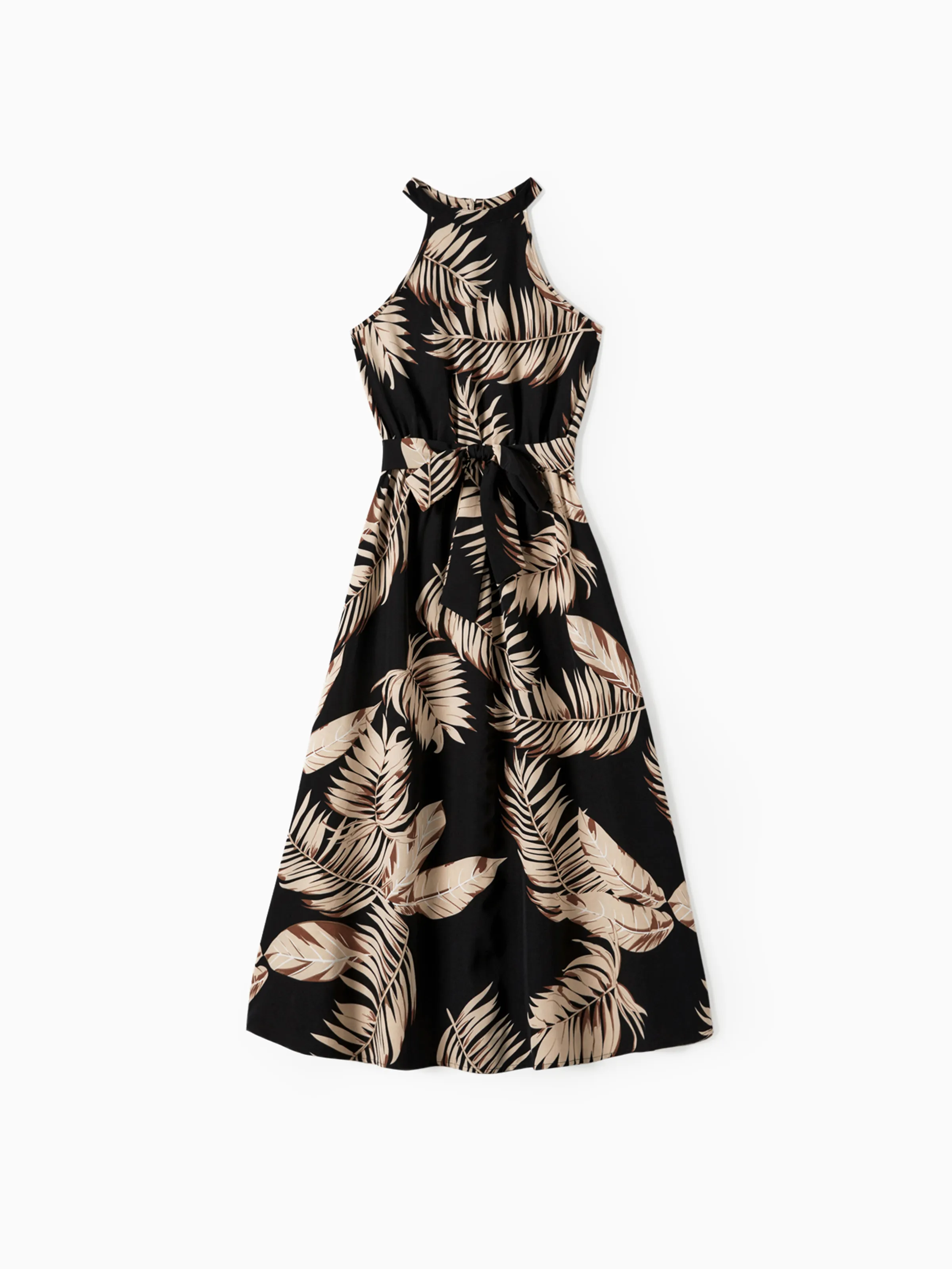 Mommy and Me Family Matching Solid Leaf Sleeveless Halter Dresses And Short Sleeve Tops Sets Black - Image 3
