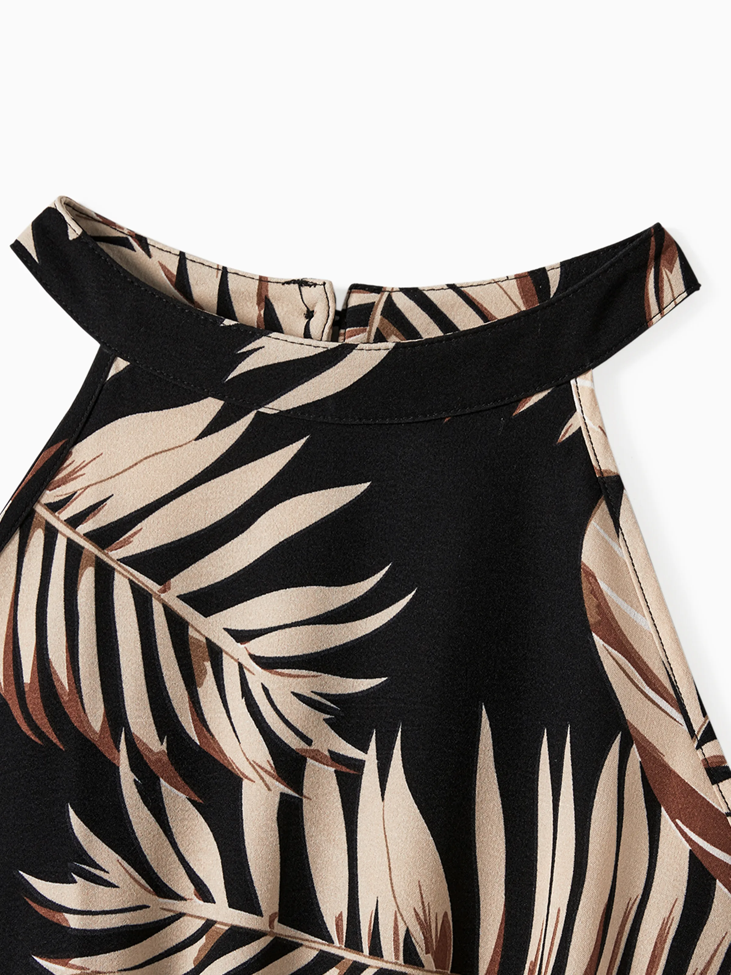 Mommy and Me Family Matching Solid Leaf Sleeveless Halter Dresses And Short Sleeve Tops Sets Black - Image 5