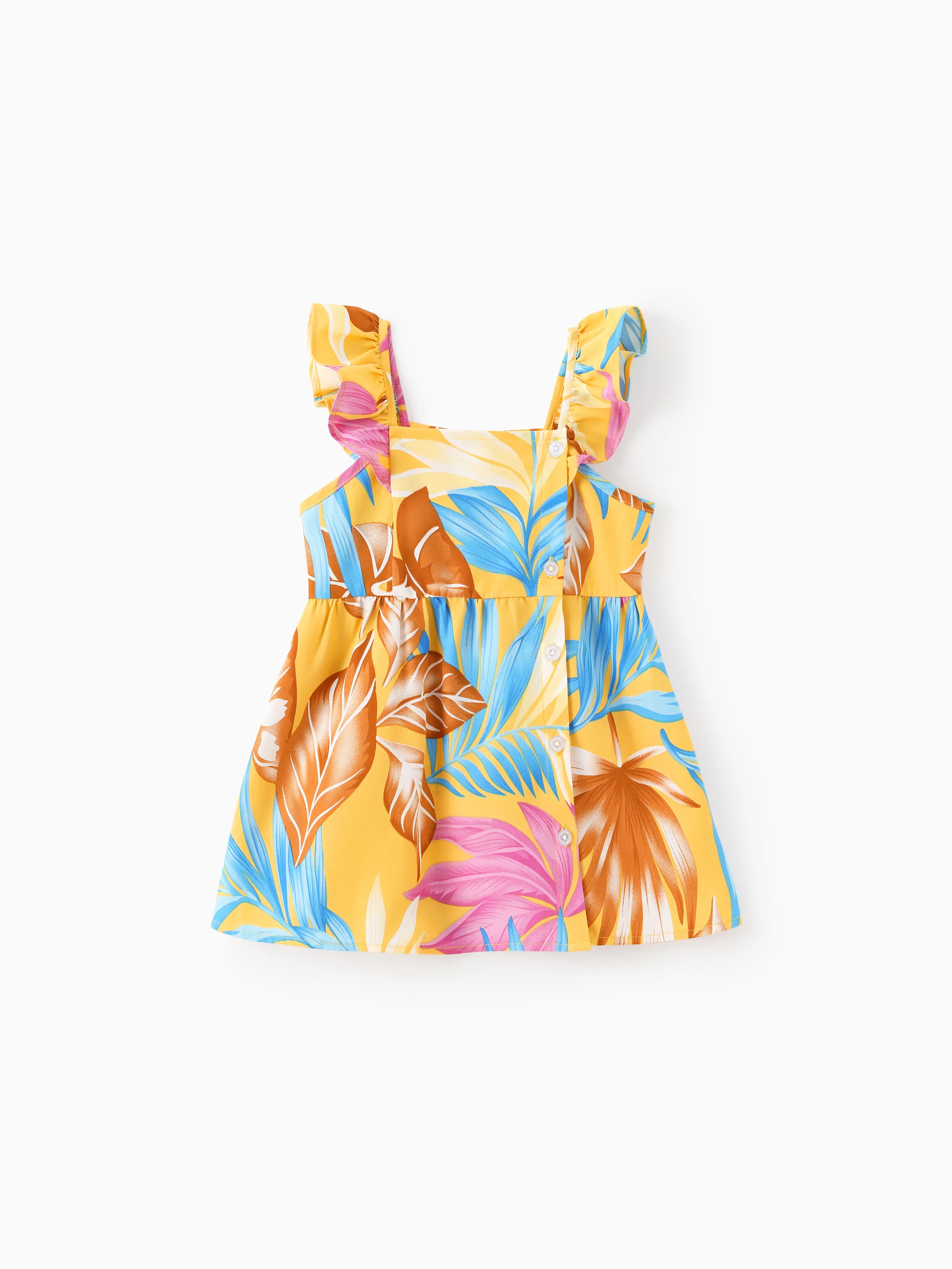 Mommy and Me Family Matching Yellow Set Tropical Leaf Print Short-sleeve Shirt or Strap Dress  Yellow - Image 13