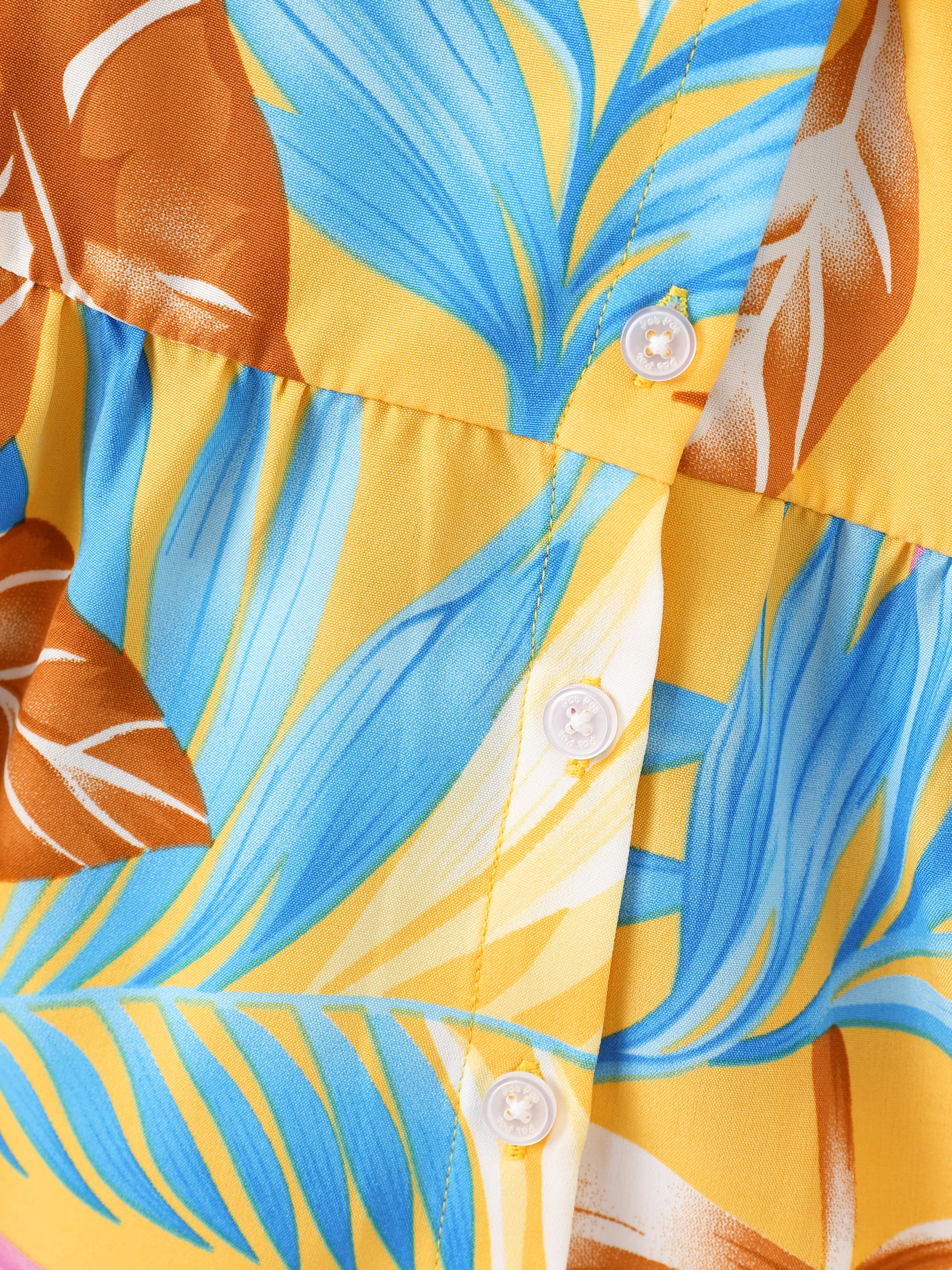 Mommy and Me Family Matching Yellow Set Tropical Leaf Print Short-sleeve Shirt or Strap Dress  Yellow - Image 17