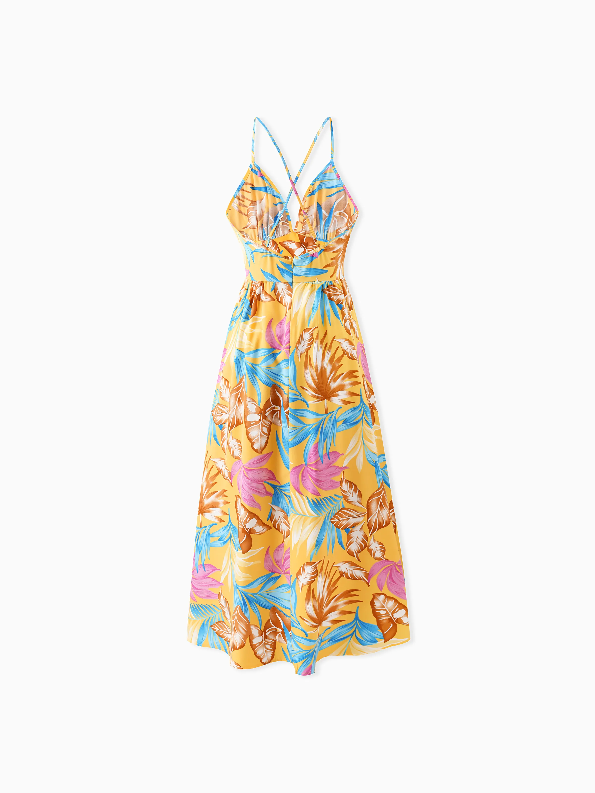 Mommy and Me Family Matching Yellow Set Tropical Leaf Print Short-sleeve Shirt or Strap Dress  Yellow - Image 4