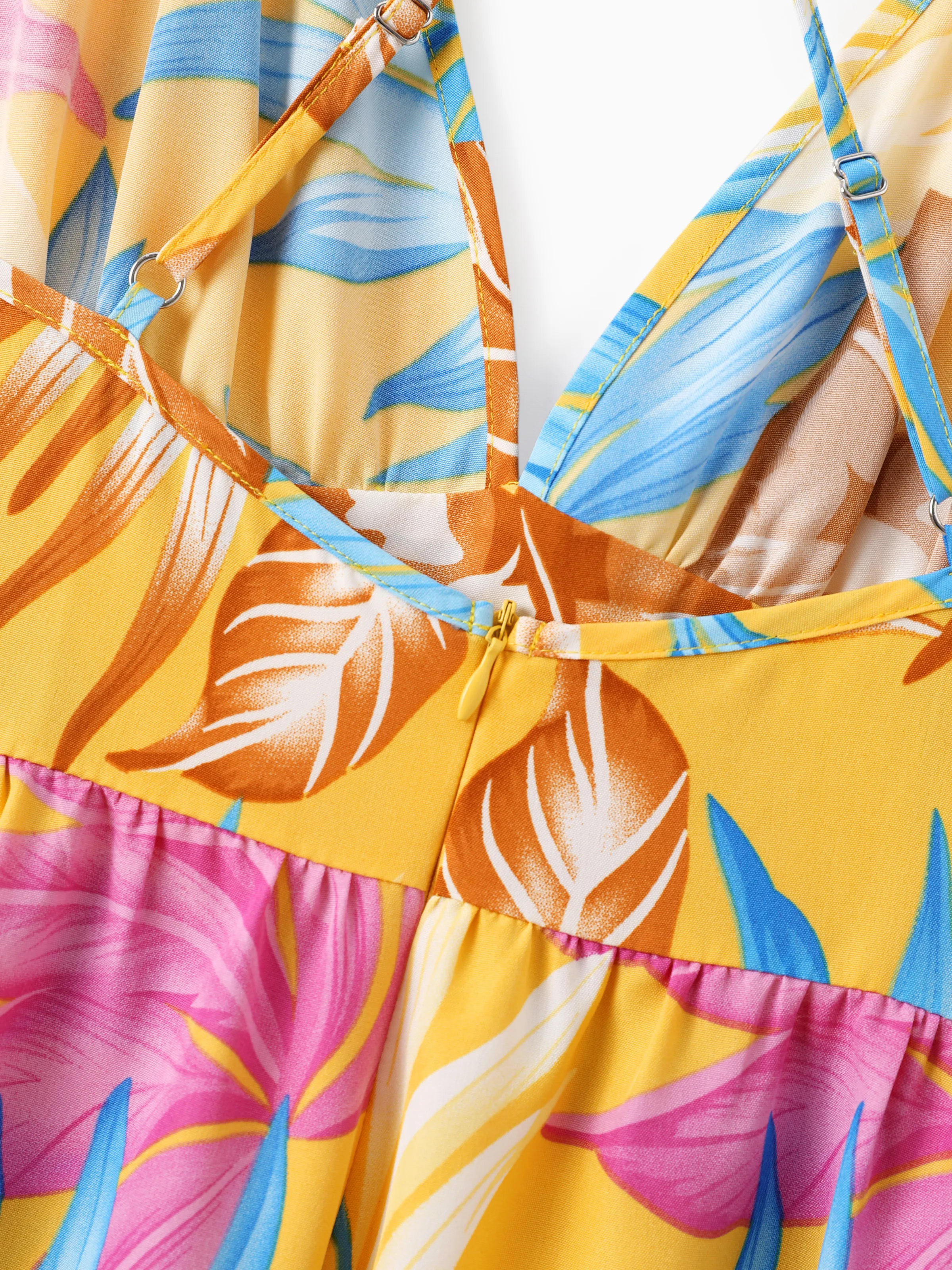 Mommy and Me Family Matching Yellow Set Tropical Leaf Print Short-sleeve Shirt or Strap Dress  Yellow - Image 7