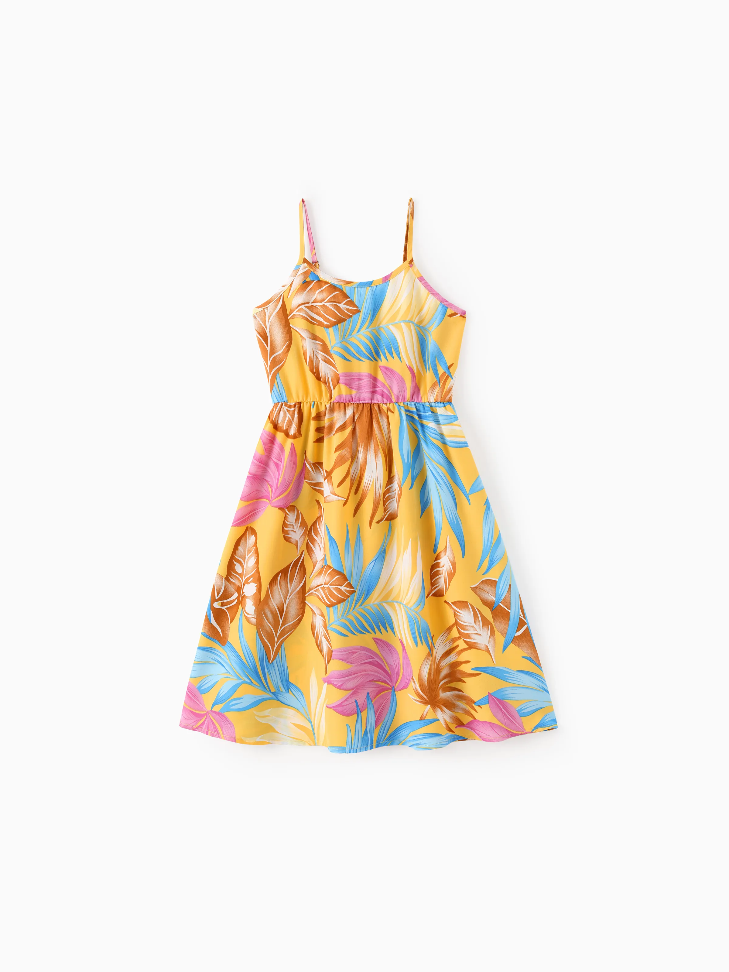 Mommy and Me Family Matching Yellow Set Tropical Leaf Print Short-sleeve Shirt or Strap Dress  Yellow - Image 8