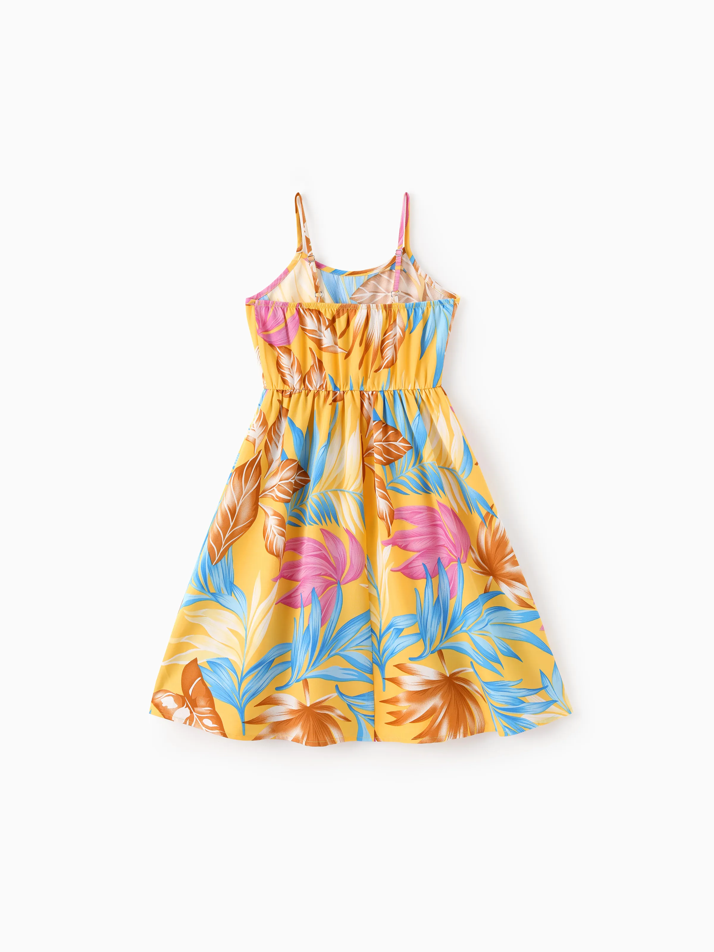 Mommy and Me Family Matching Yellow Set Tropical Leaf Print Short-sleeve Shirt or Strap Dress  Yellow - Image 9
