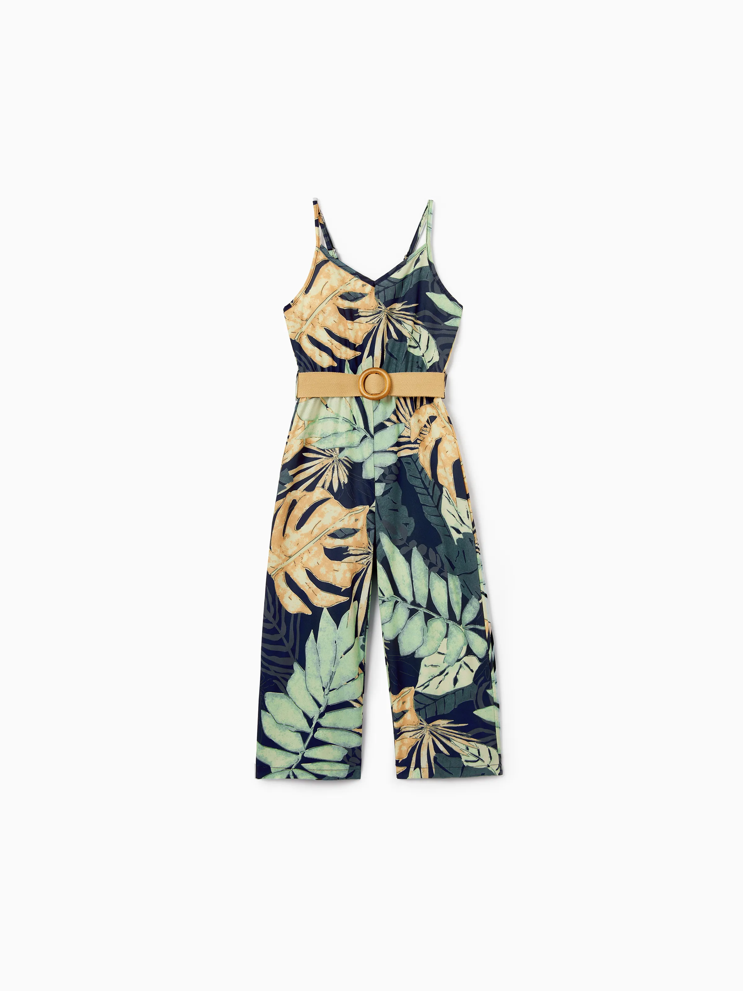 Mommy and Me Tropical Leaf Print Jumpsuit Set, Spaghetti Strap Belted Matching Outfits for Summer Beach Vacation Tibetan blue - Image 12